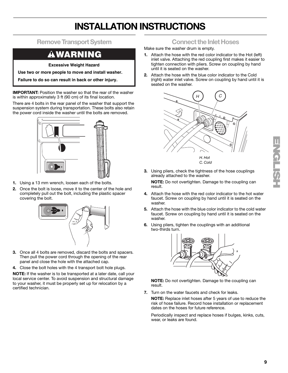 Installation instructions, Warning, Remove transport system | Connect the inlet hoses | Kenmore 110.4997 User Manual | Page 9 / 25