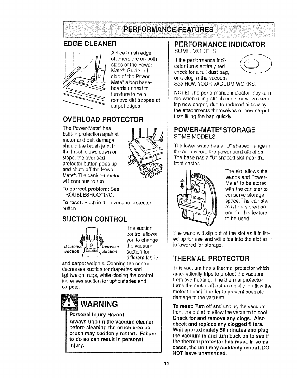 Performance features, Edge cleaner, Overload protector | Suction control, Warning, Thermal protector, Performance features edge cleaner | Kenmore 116.21513 User Manual | Page 11 / 19