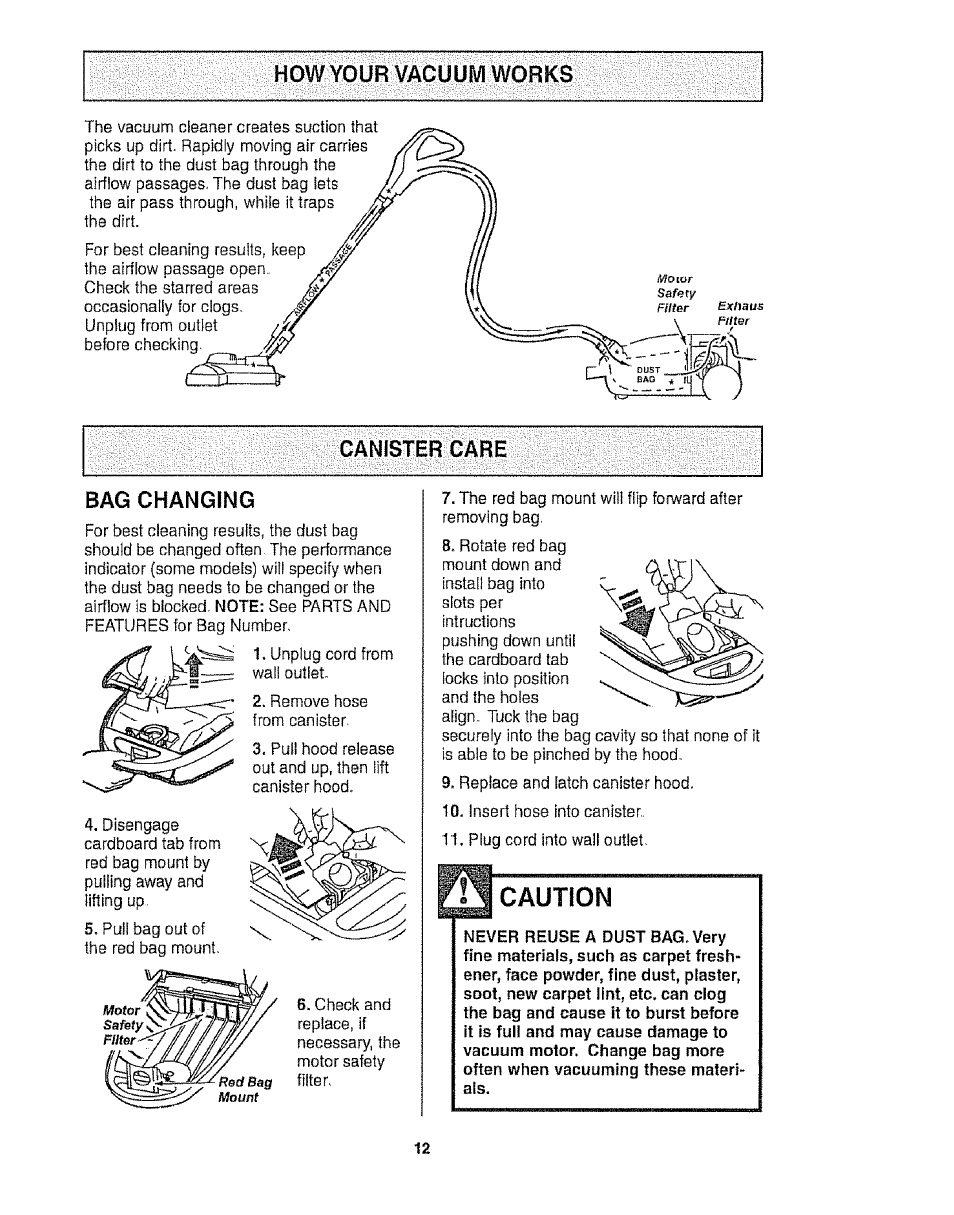 How your vacuum works, Canister care bag changing | Kenmore 116.21513 User Manual | Page 12 / 19