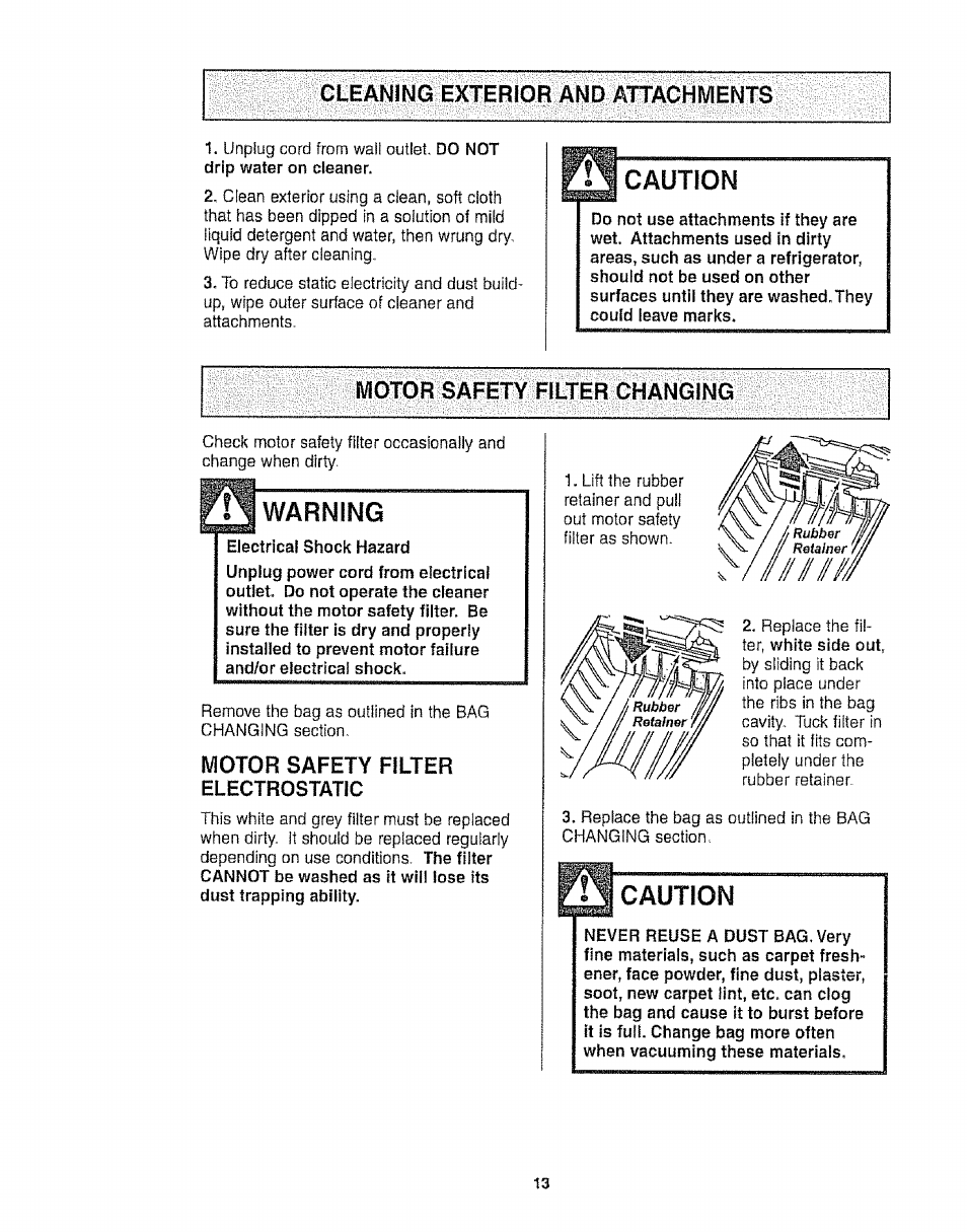 Caution, Warning, Cleaning exterior and attachments | Motor safety filter changing, Motor safety filter | Kenmore 116.21513 User Manual | Page 13 / 19