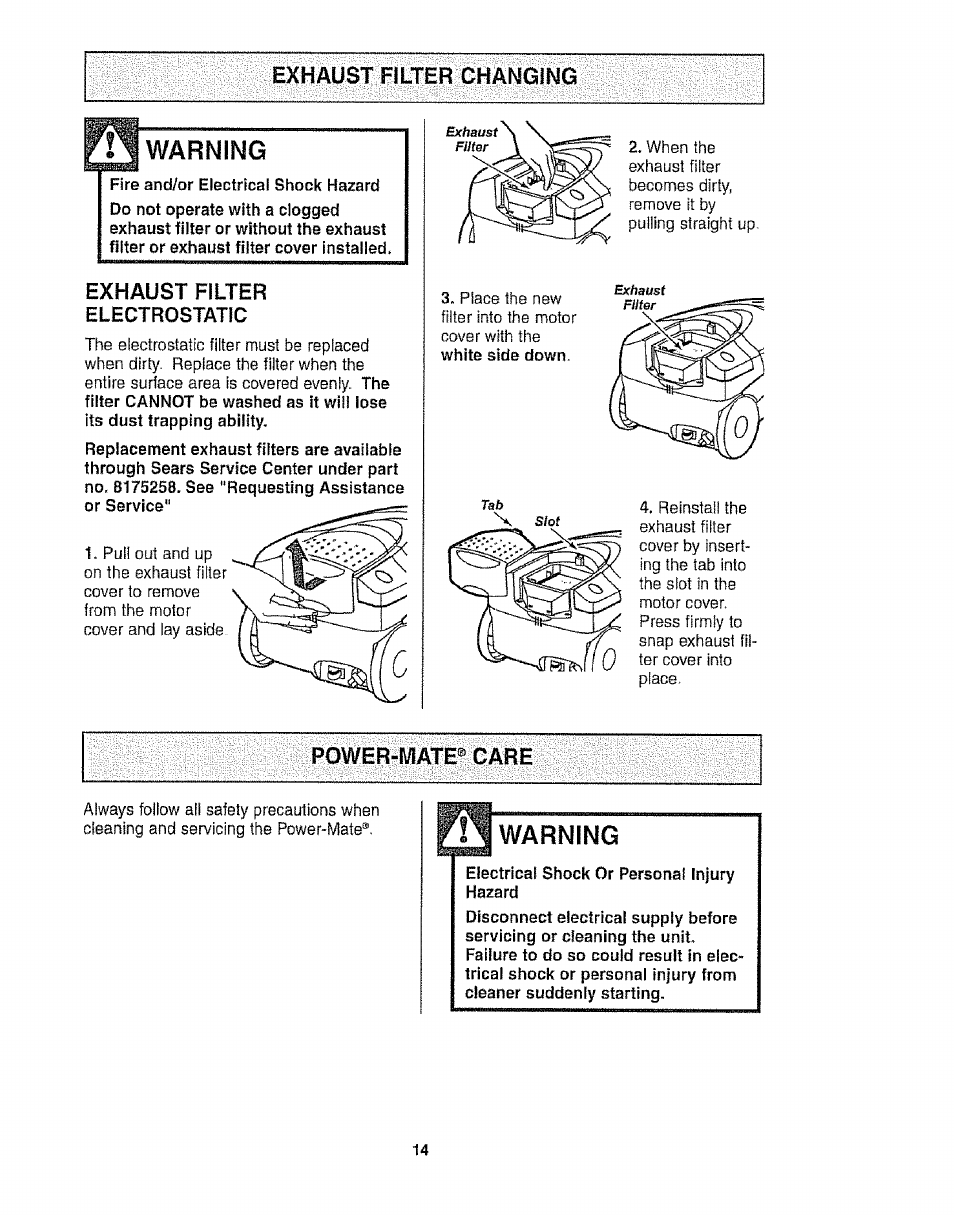 Exhaust filter changing, Exhaust filter, Power-mate® gäre | Power-mate® care, Exhaust filter electrostatic, Warning | Kenmore 116.21513 User Manual | Page 14 / 19