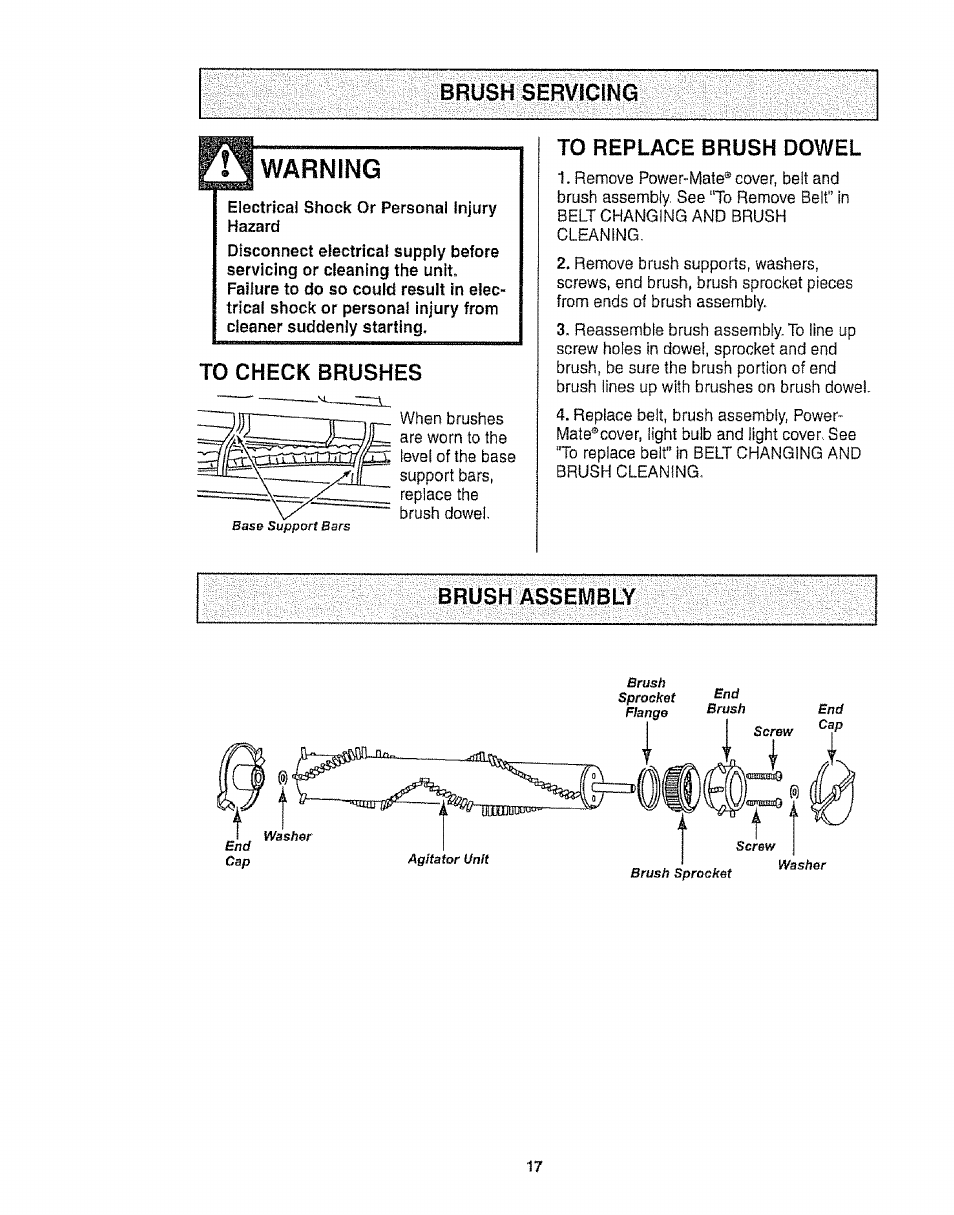 Brush servicing, Warning, To check brushes | To replace brush dowel, Brush assembly, Brush servicing brush assembly | Kenmore 116.21513 User Manual | Page 17 / 19