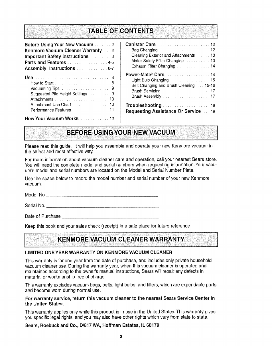 Before using your new vacuuivi, Kenmore vaguuy cleaner warranty, Ur vwn i fcn i o | Kenmore 116.21513 User Manual | Page 2 / 19