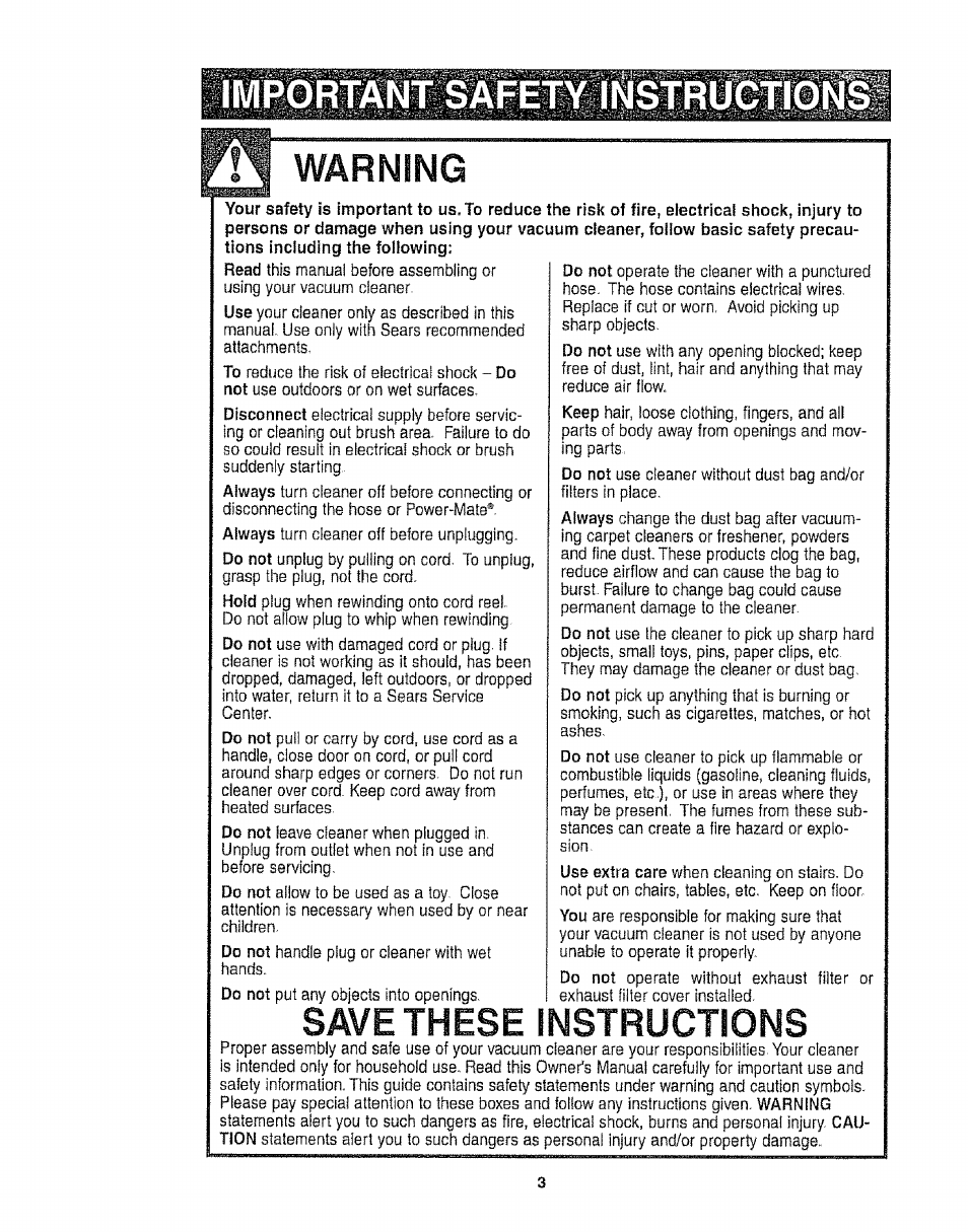 Warning, Save these instructions | Kenmore 116.21513 User Manual | Page 3 / 19