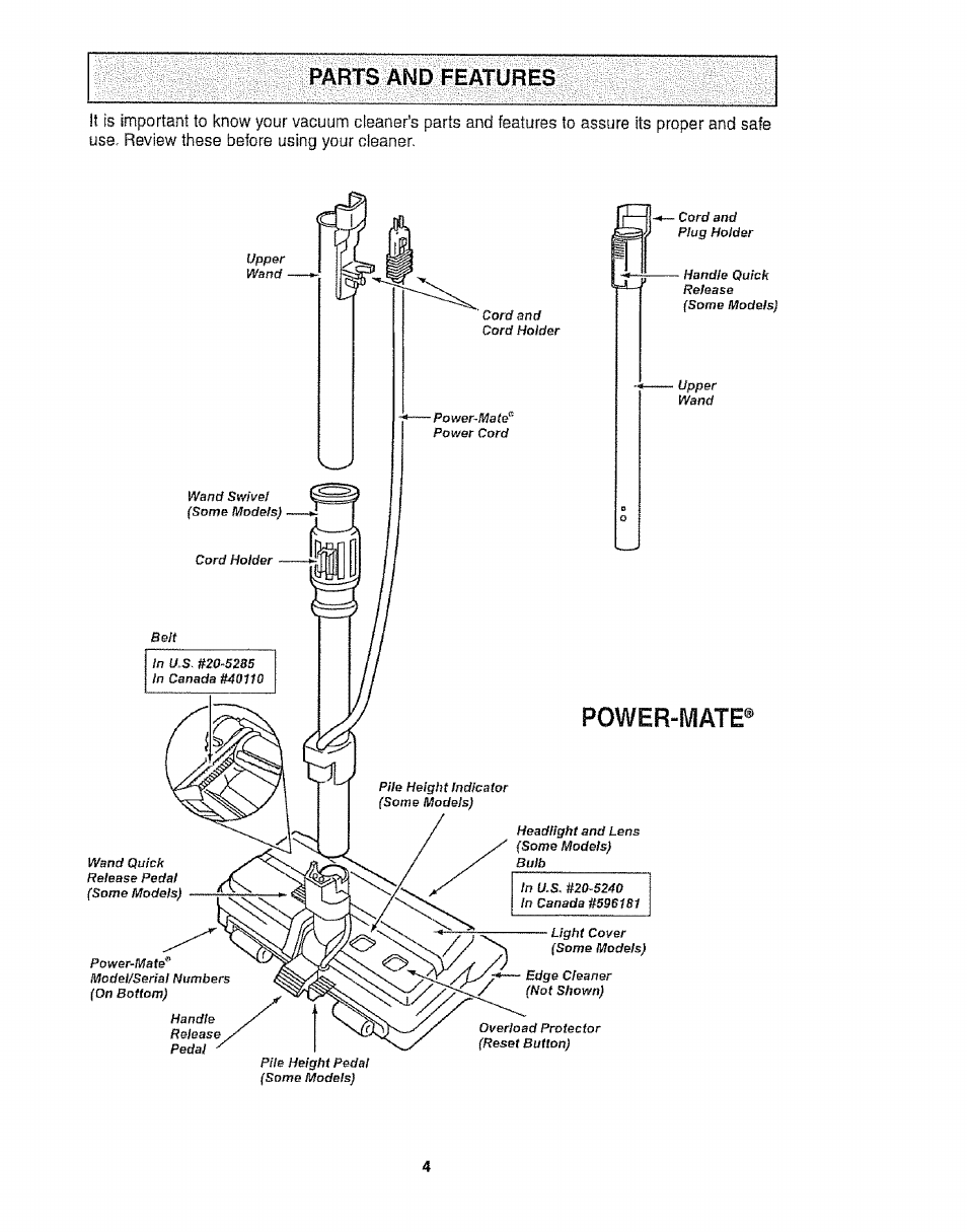 Parts and features, Power-mate, Parts and features -5 | Kenmore 116.21513 User Manual | Page 4 / 19