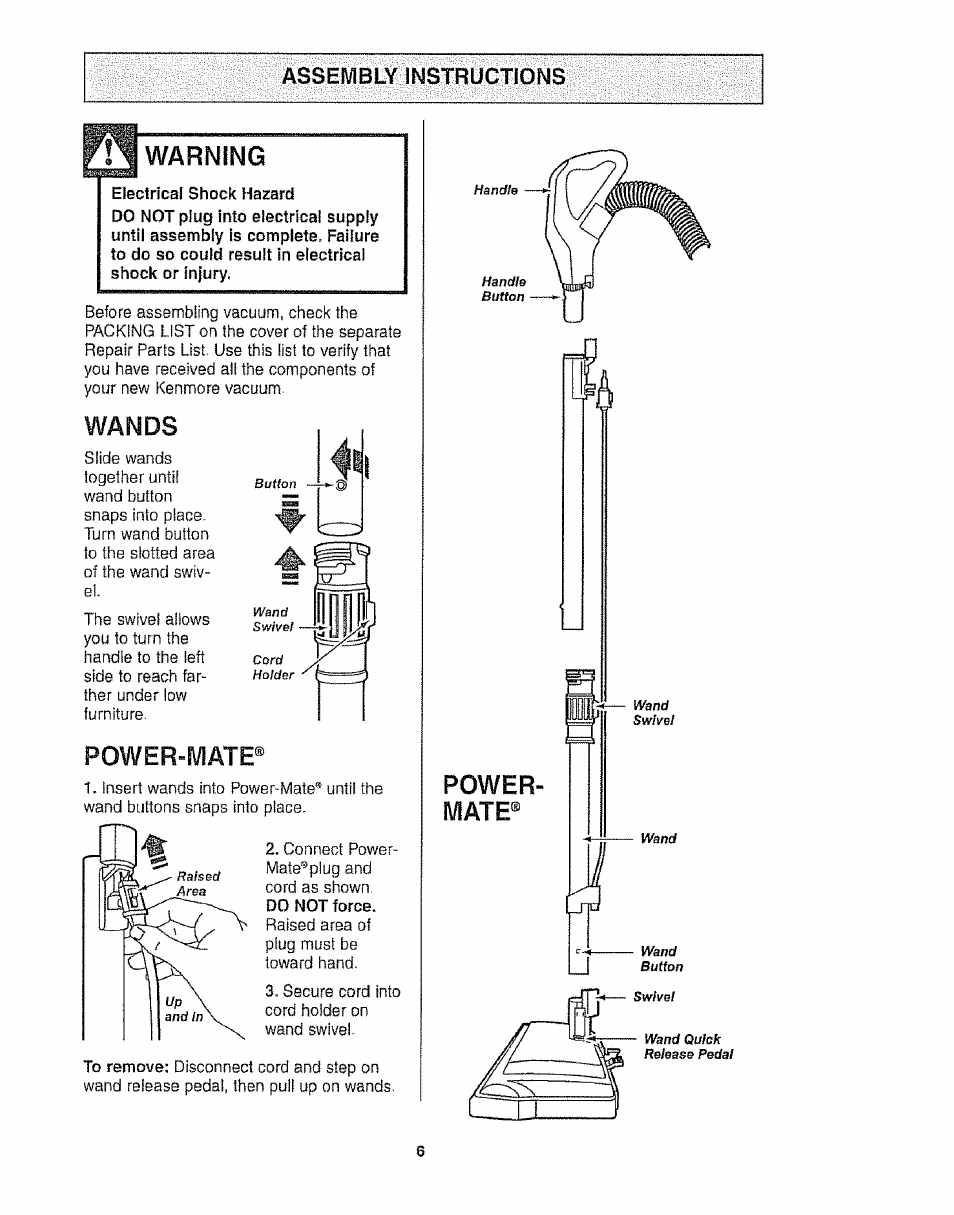 Warning, Wands, Power-mate | Assembly instructions | Kenmore 116.21513 User Manual | Page 6 / 19