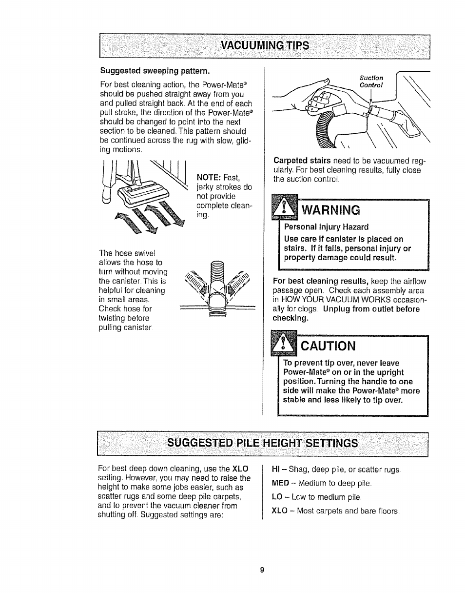 Vacuuming tips, Caution, Warning | Suggested pile height settings | Kenmore 116.21513 User Manual | Page 9 / 19