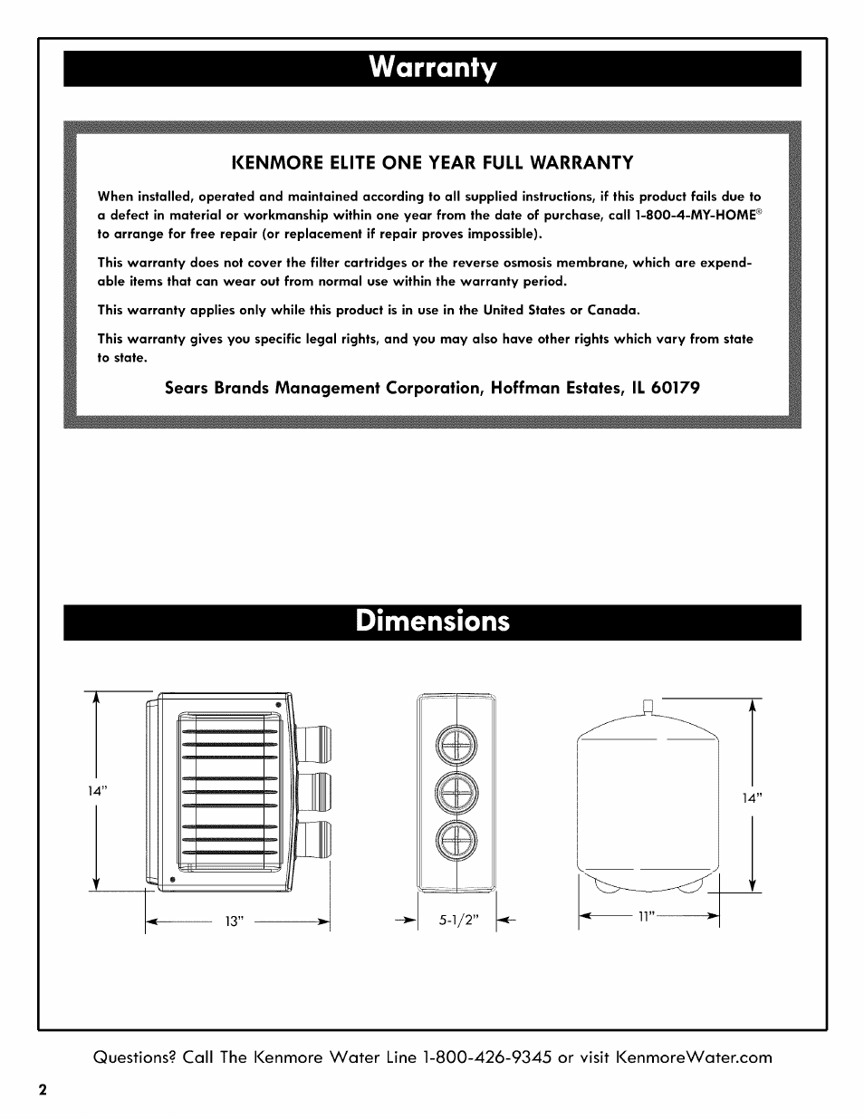 Warranty, Dimensions | Kenmore 625.38556 User Manual | Page 2 / 28