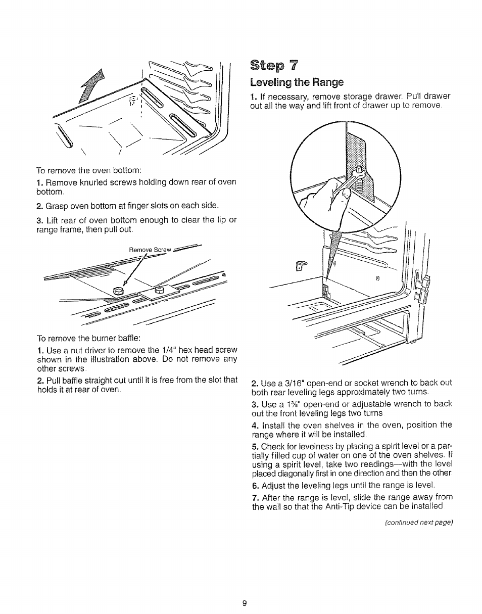 Leveling the range, Step | Kenmore 73511 User Manual | Page 10 / 43