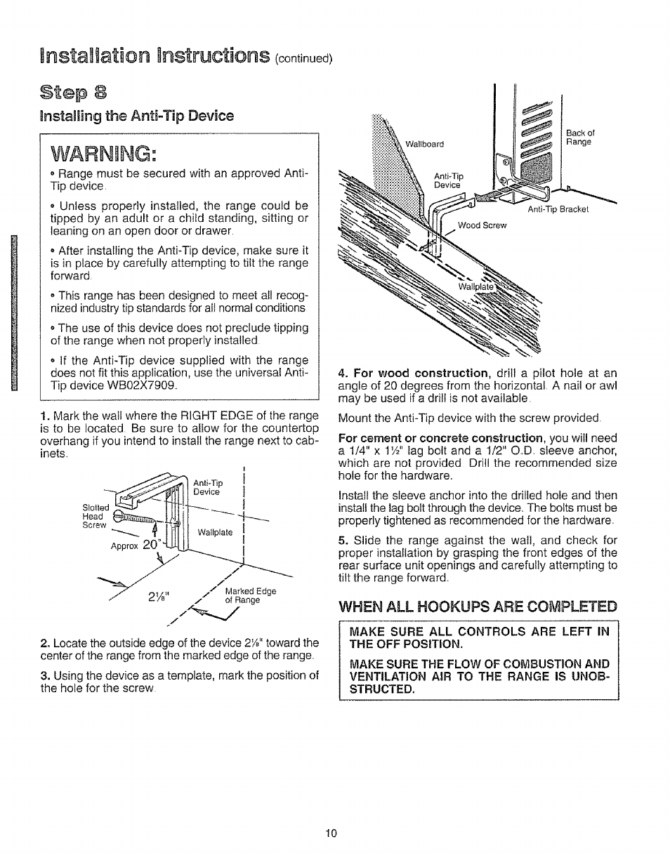 Installing the anti-tip device, When all hookups are completed, Warning | Step s, Installation instructions | Kenmore 73511 User Manual | Page 11 / 43