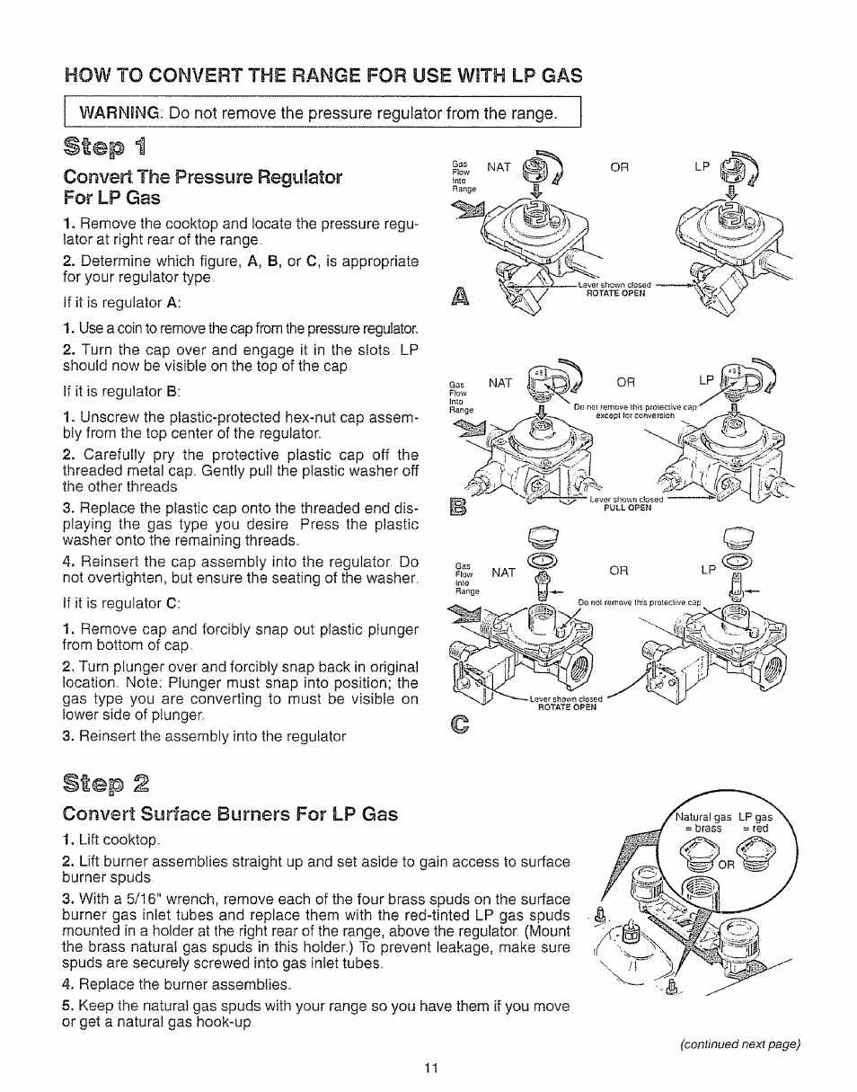 How to convert the range for use with lp gas, Convert the pressure regulator for lp gas, Convert surface burners for lp gas | Step 1, Step | Kenmore 73511 User Manual | Page 12 / 43