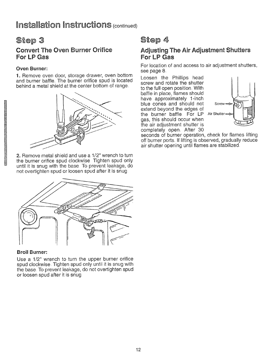 Convert the oven burner orifice for lp gas, Adjusting the air adjustment shutters for lp gas, Installation instructions | Step 4 | Kenmore 73511 User Manual | Page 13 / 43