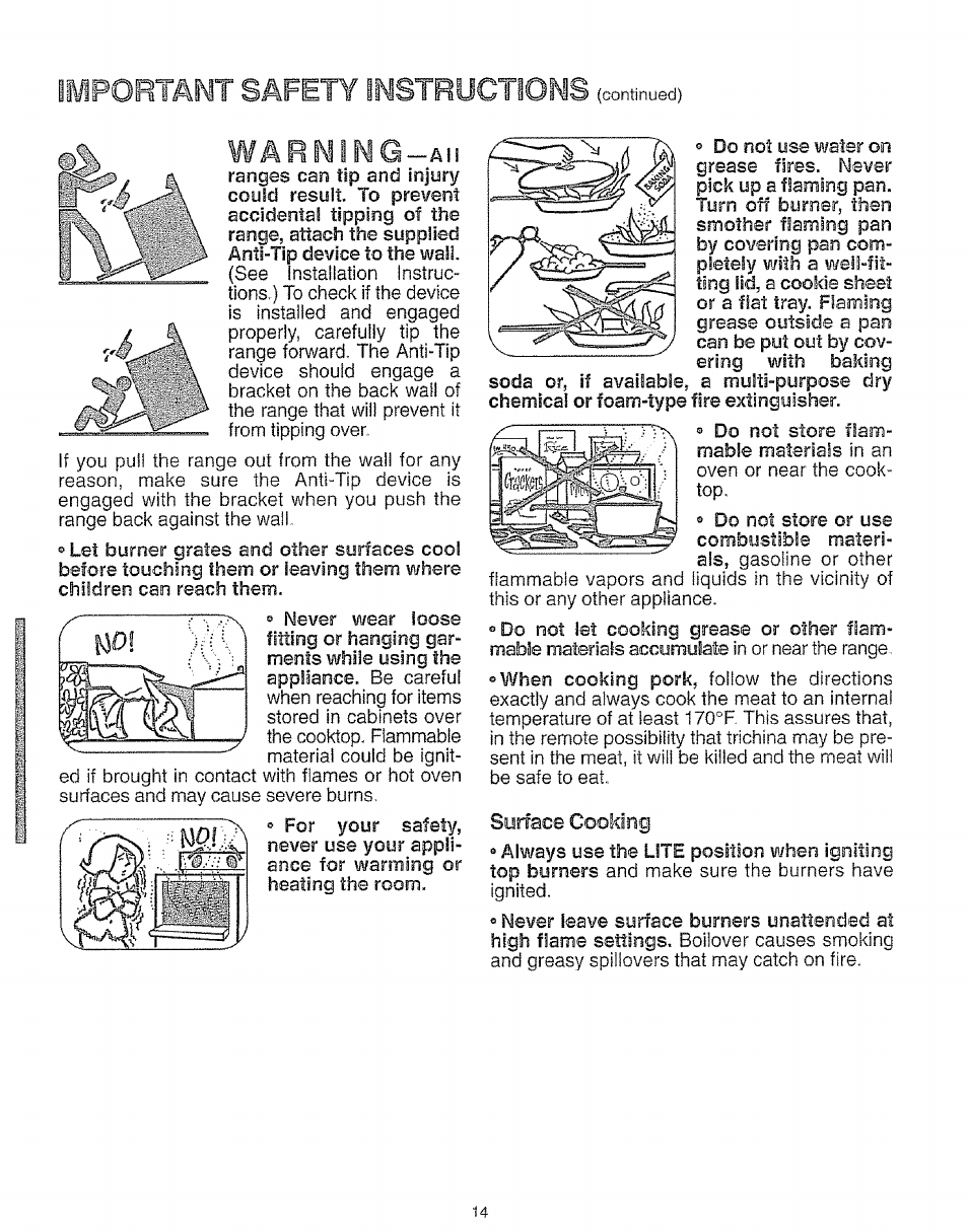 Surface cooking, Importamt safety instructîoms | Kenmore 73511 User Manual | Page 15 / 43