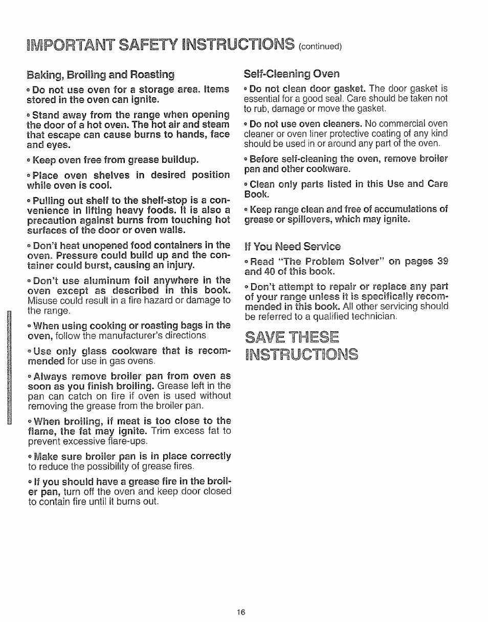 Baking, broiling and roasting, Self-cleaning oven, If you need service | Important safety instructions, Save these instructions | Kenmore 73511 User Manual | Page 17 / 43