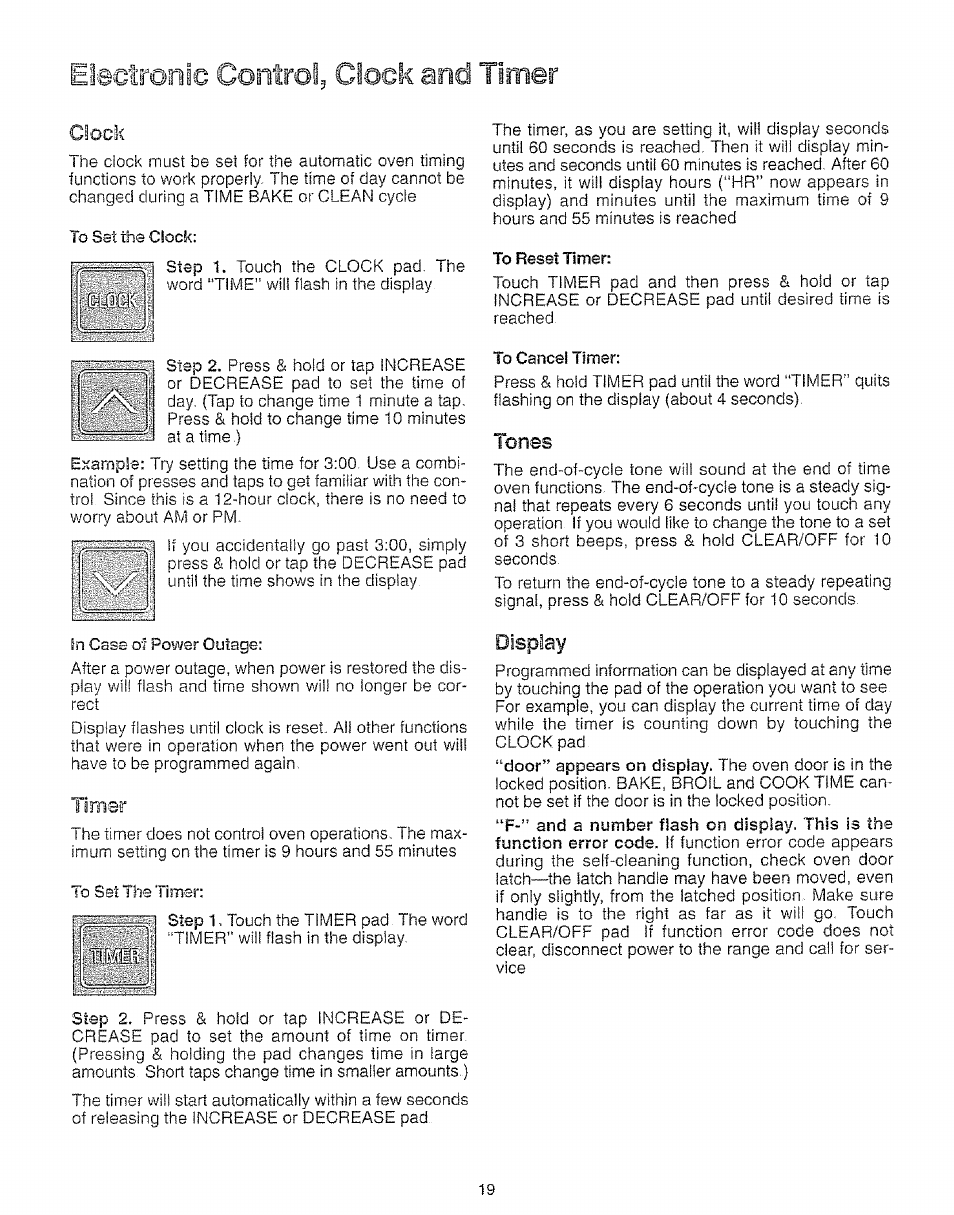 Control, clock and timer, Titnar, Tones | Display, Clock | Kenmore 73511 User Manual | Page 20 / 43