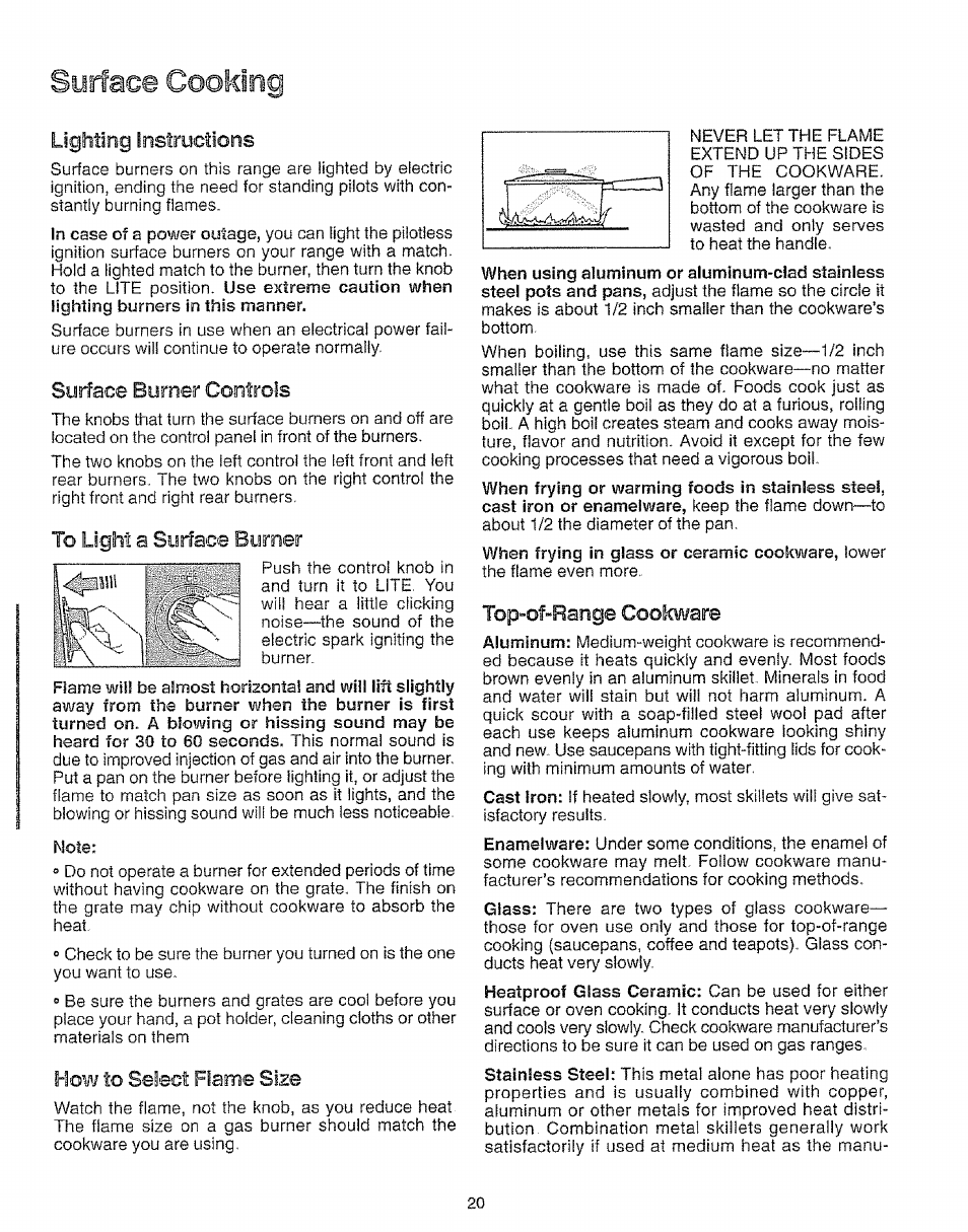 Lighting insiryctions, Surface burner controls, To light a surface burner | How to select flame size, Top“of“range cookware, Surface cooking | Kenmore 73511 User Manual | Page 21 / 43