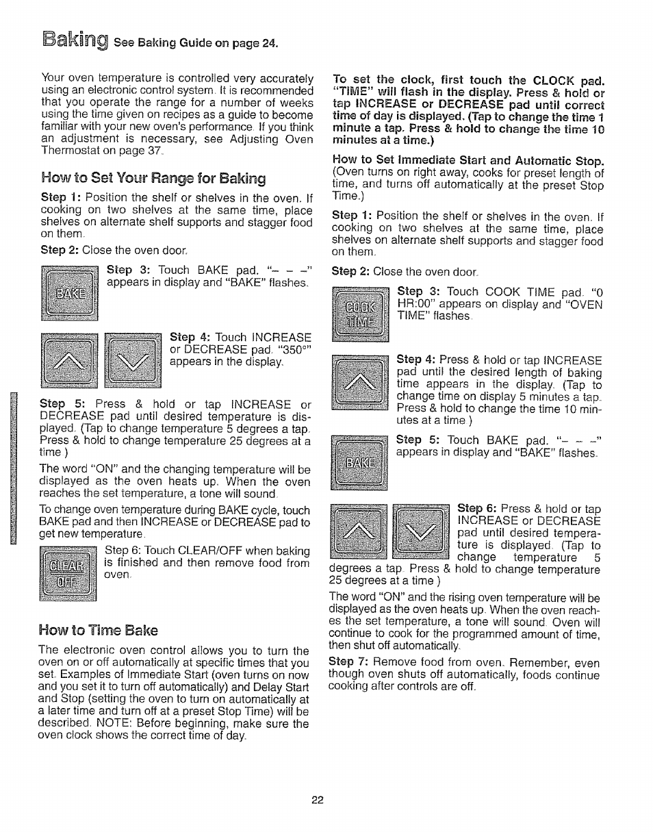 How to set yoor range for baking, How to time bake, Baking | Kenmore 73511 User Manual | Page 23 / 43