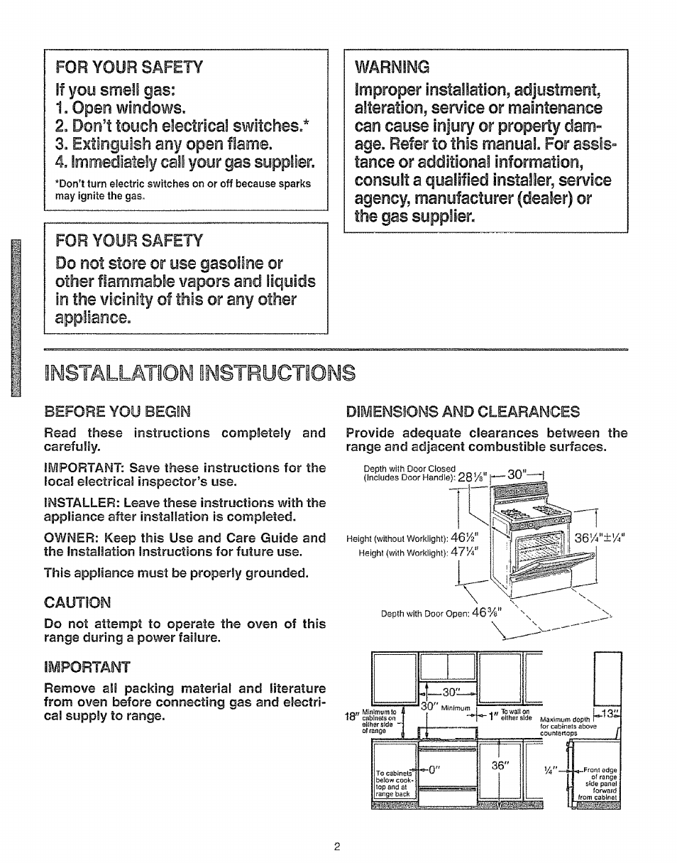 Caution, Important, Dimensions and clearances | Installation instructions, Dimensions | Kenmore 73511 User Manual | Page 3 / 43