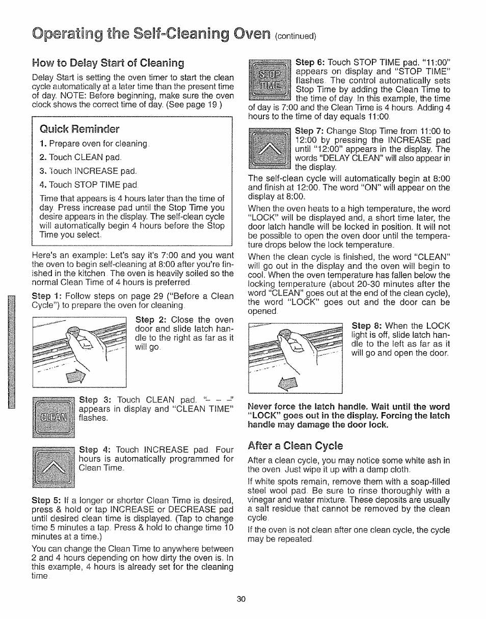 Operating the self-cleaning oven, How to delay start of cleaning, Quick reminder | After a clean cycle | Kenmore 73511 User Manual | Page 31 / 43