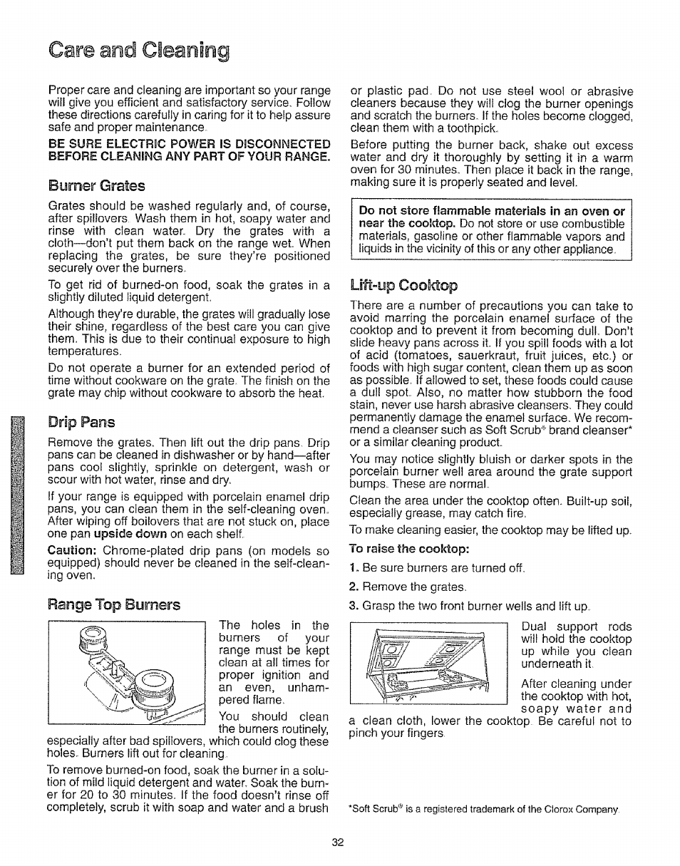 Burner grates, Drip pans, Range top burners | Lift-up cooktop, Care and cleaning | Kenmore 73511 User Manual | Page 33 / 43