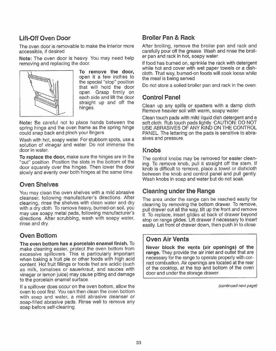 Lift-off oven door, Oven shelves, Oven bottom | Broiler pan & rack, Contro! panel, Knobs, Gleaning under the range, Oven âir vents | Kenmore 73511 User Manual | Page 34 / 43