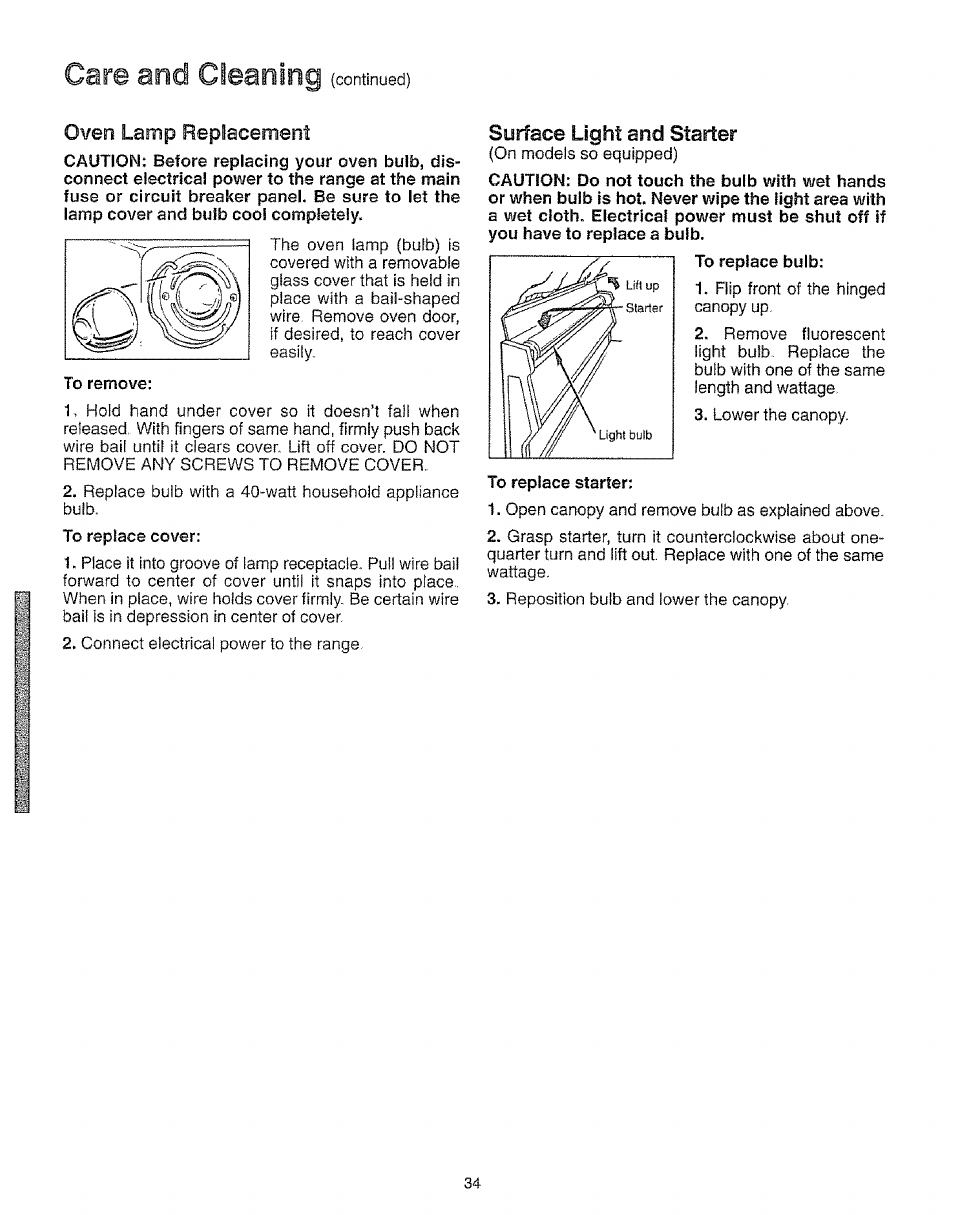 Care and cleaning (continued), Oven lamp replacement, Surface light and starter | Care and cleaning | Kenmore 73511 User Manual | Page 35 / 43