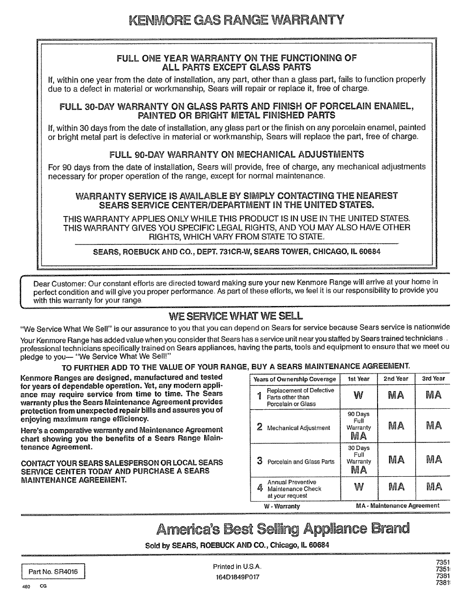 Kenwore, Rämge warranty, America’s best sellng appliance brand | We service what we sell, Wma ma 2, Ma 3, Wma ila | Kenmore 73511 User Manual | Page 43 / 43