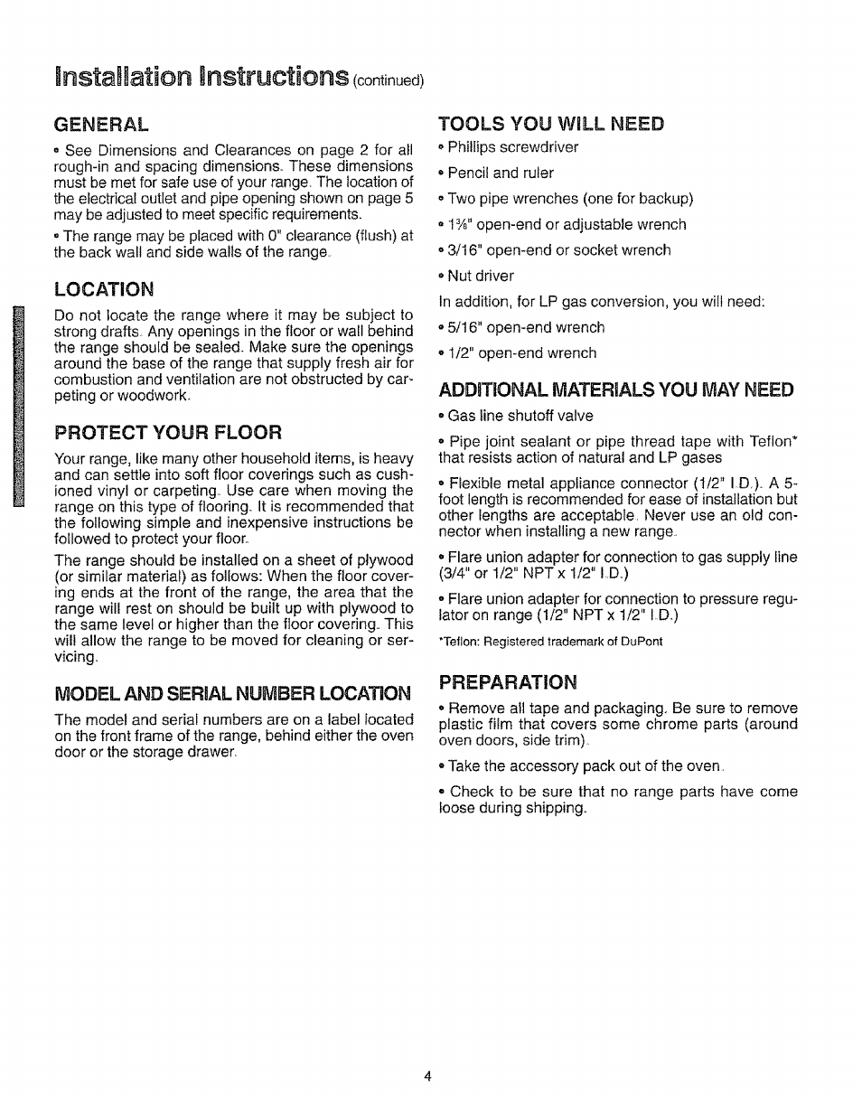 General, Additional materials you may need, Installation instructions (continued) | Protect your floor, Model and serial number location, Tools you will need, Additional, Preparation, Materials you may need | Kenmore 73511 User Manual | Page 5 / 43