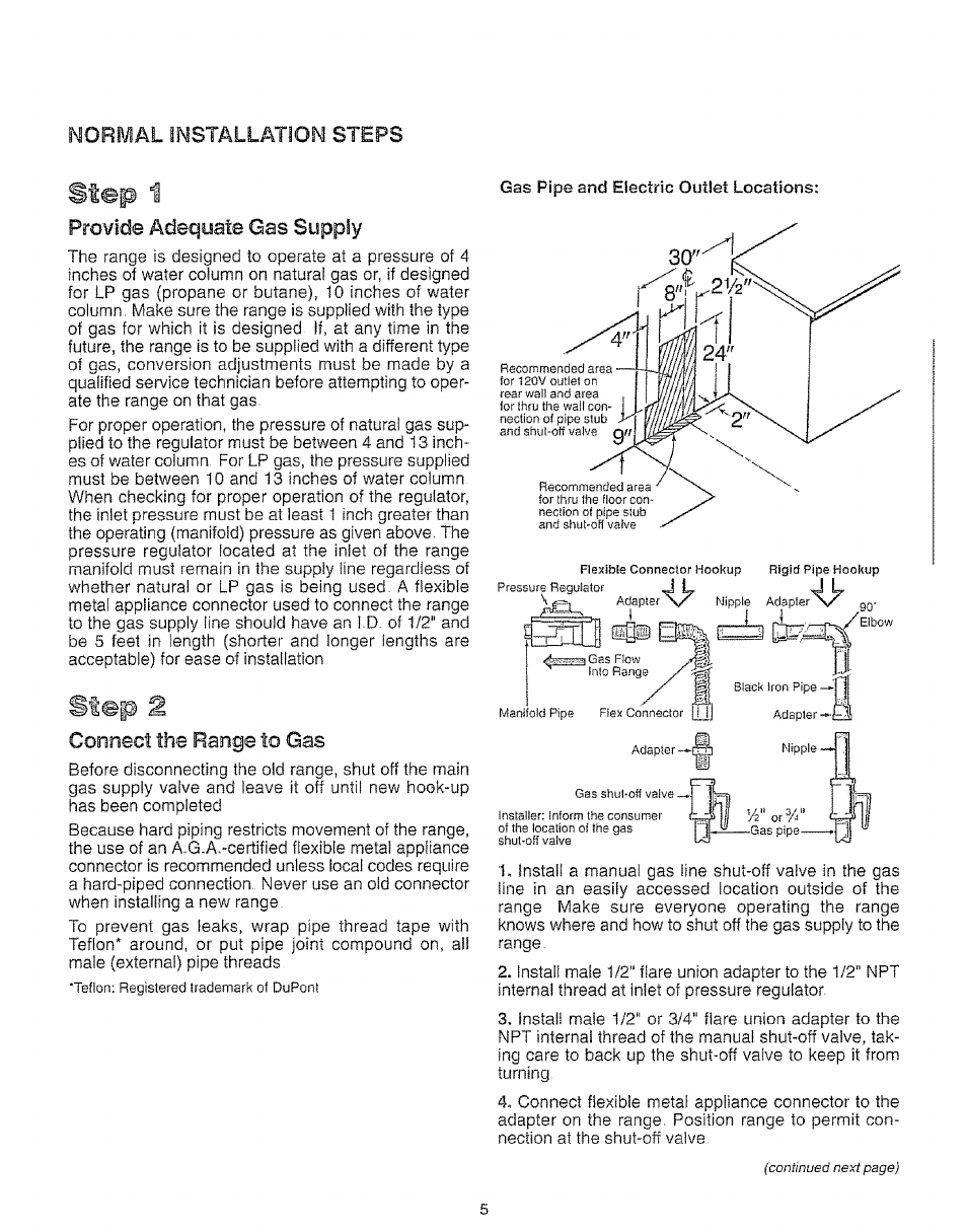 Normal installation steps, Provide adequate gas supply, Connect the range to gas | Step 1, Step | Kenmore 73511 User Manual | Page 6 / 43