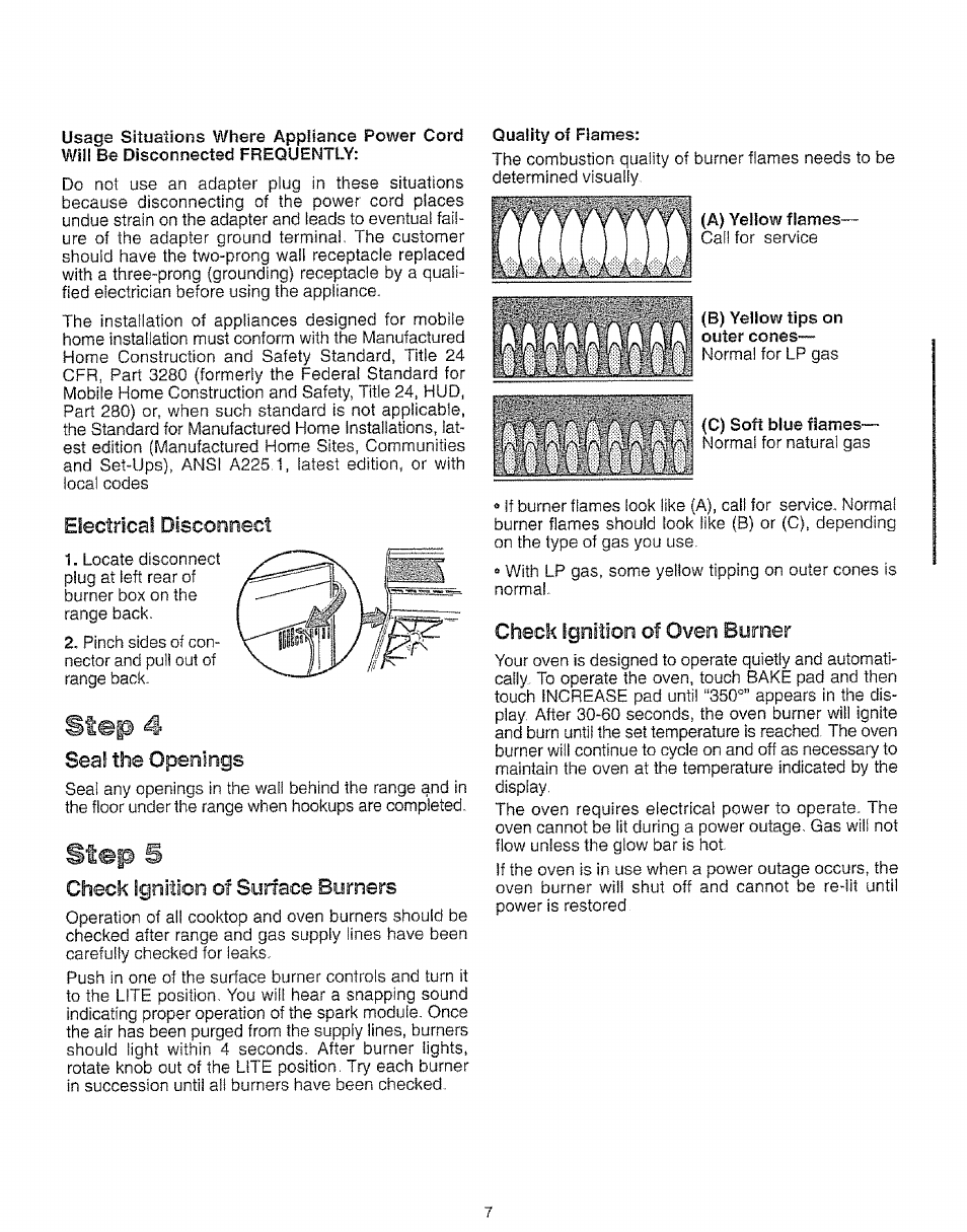 Electrical disconnect, Seal the openings, Check ignition of surface burners | Check ignition of oven burner, Step 4, Step | Kenmore 73511 User Manual | Page 8 / 43