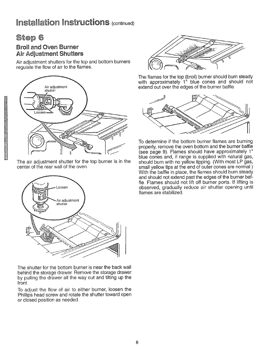 Broil and oven burner air ad|ustment shutters, Step 6, Installation instructions | Kenmore 73511 User Manual | Page 9 / 43