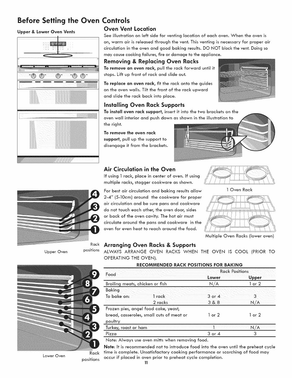 Oven vent location, Removing & replacing oven racks, Installing oven rack supports | Air circulation in the oven, Before setting the oven controls, Arranging oven racks & supports | Kenmore 790.7890 User Manual | Page 11 / 40