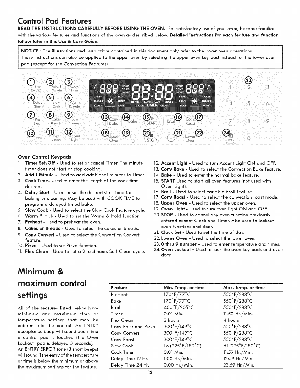 Oven control keypads, Minimum & maximum control settings, I i i i | Control pad features | Kenmore 790.7890 User Manual | Page 12 / 40