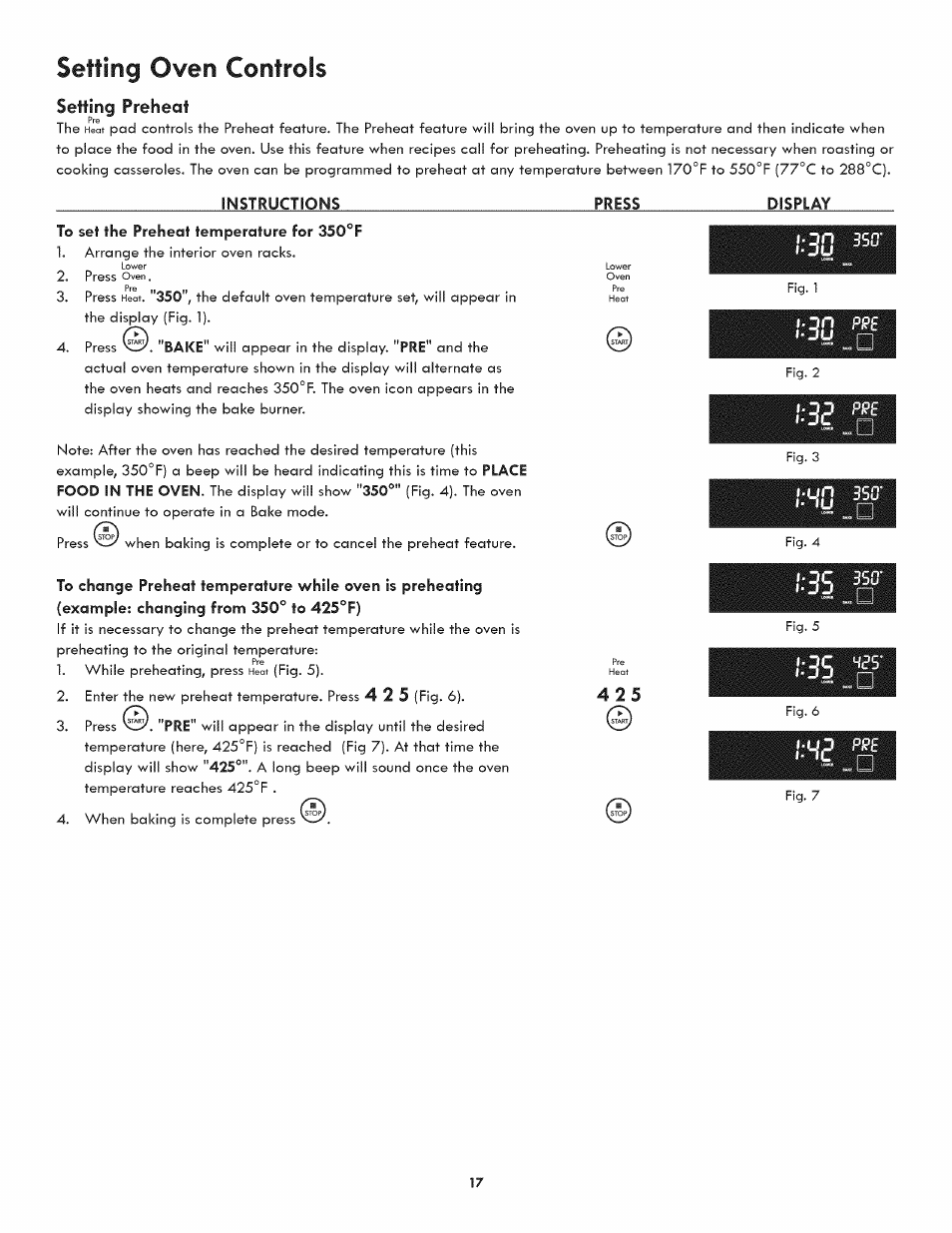Setting preheat, Instructions, Press | Display, L:3s, Setting oven controls | Kenmore 790.7890 User Manual | Page 17 / 40