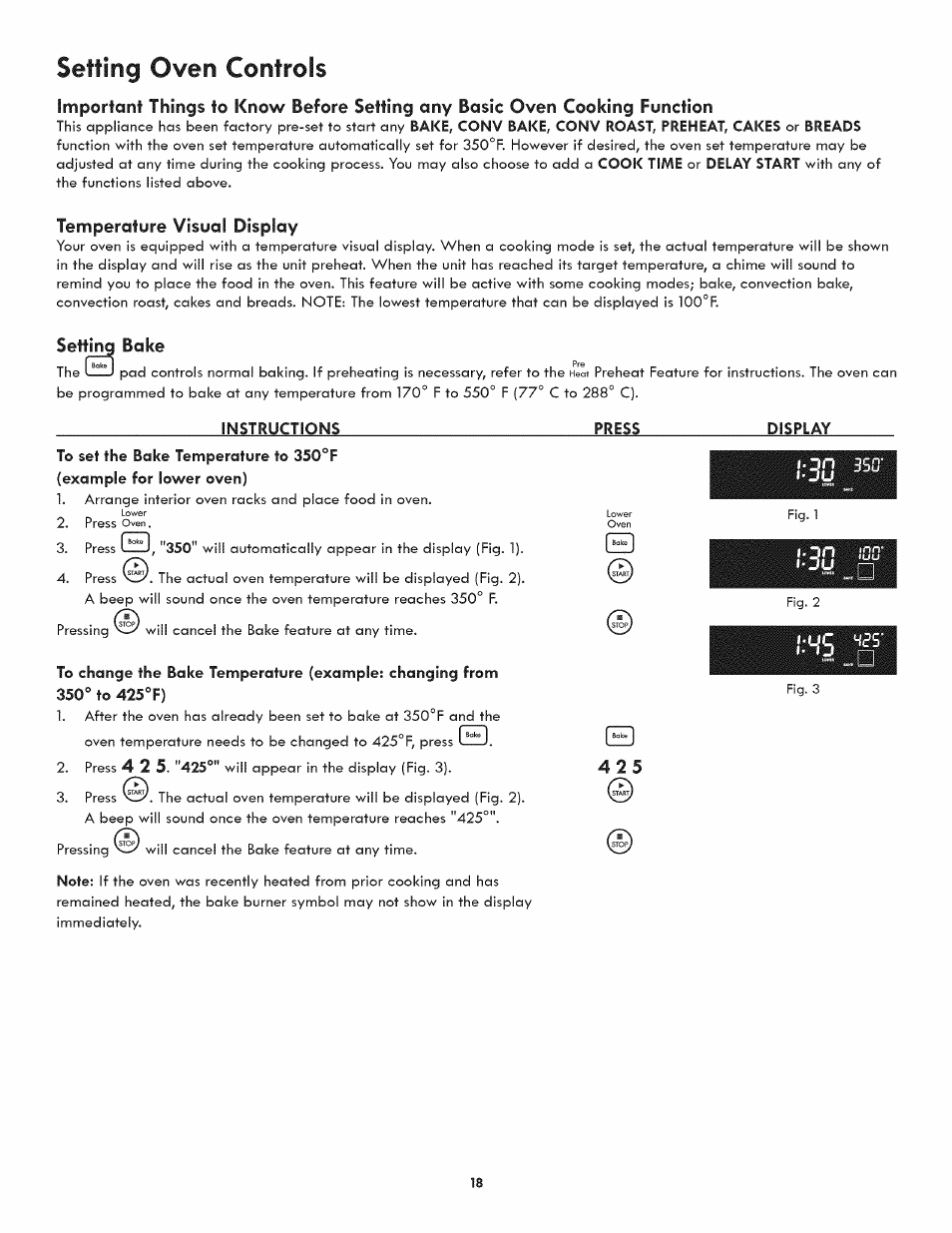 Temperature visual display, Setting bake, Instructions | Press, Display, Setting oven controls | Kenmore 790.7890 User Manual | Page 18 / 40