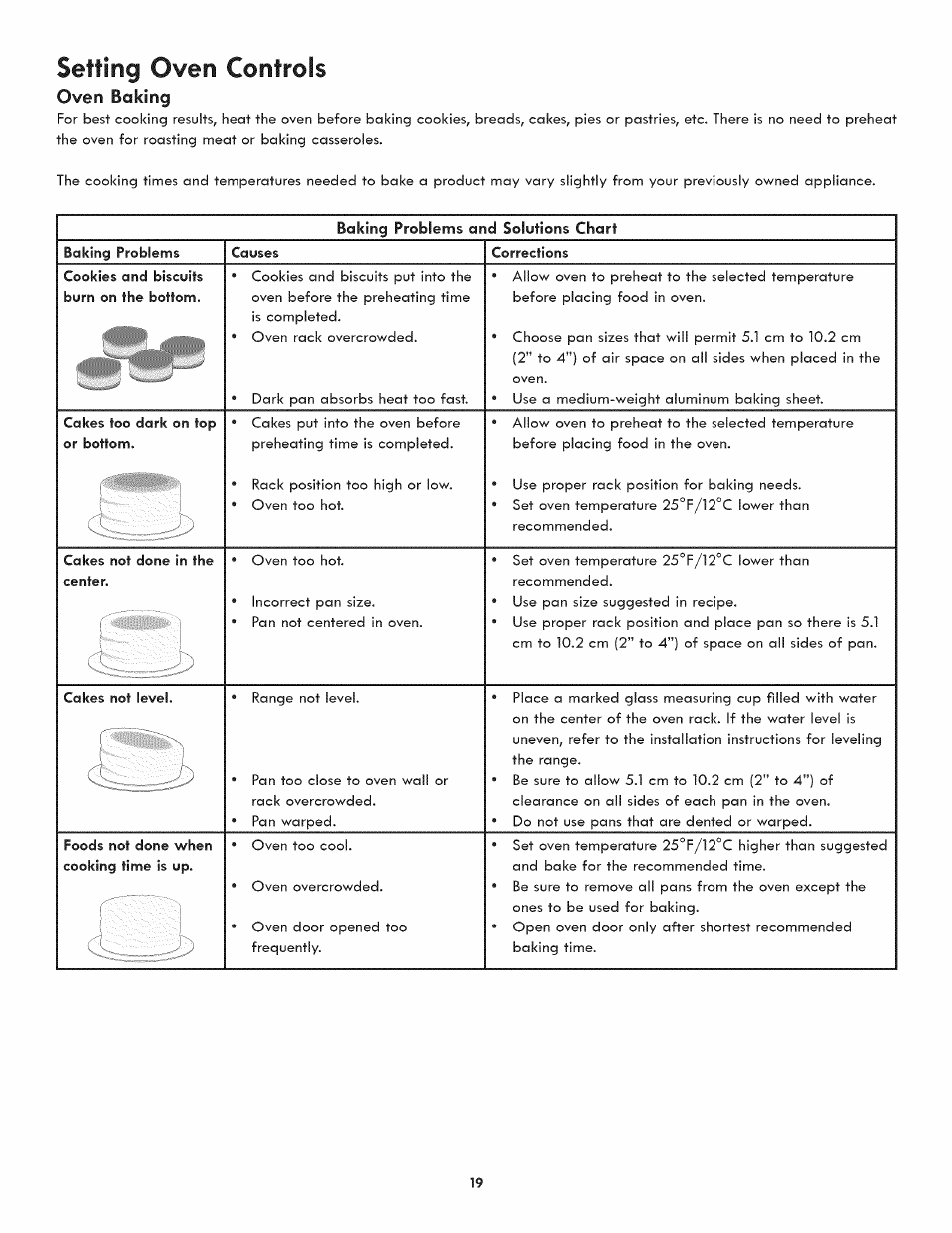 Oven baking, Baking problems and solutions chart, Setting oven controls | Kenmore 790.7890 User Manual | Page 19 / 40