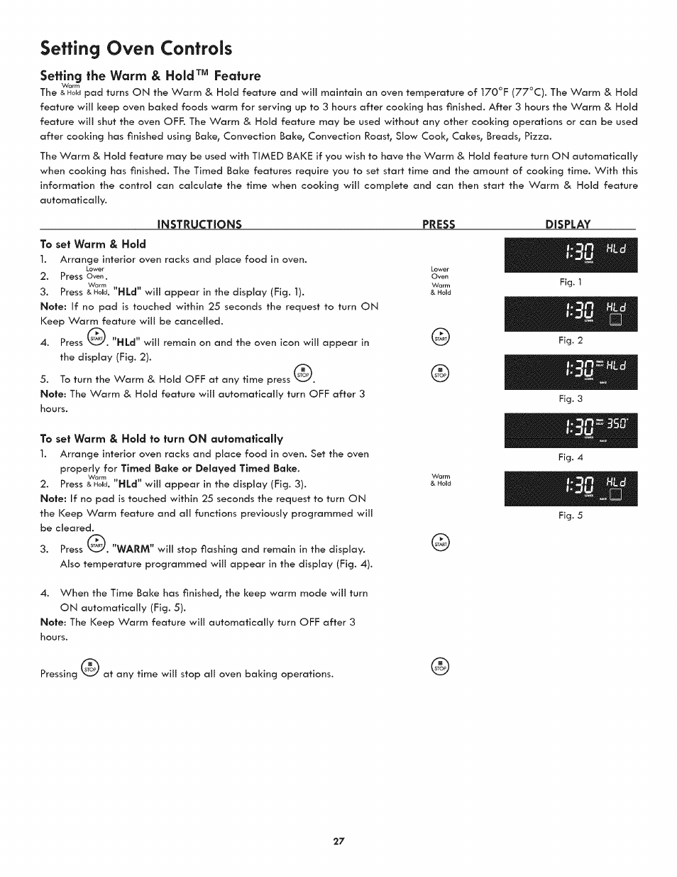 Setting the warm & hold™ feature, Instructions, Press | Display, To set warm & hold, To set warm & hold to turn on automatically | Kenmore 790.7890 User Manual | Page 27 / 40