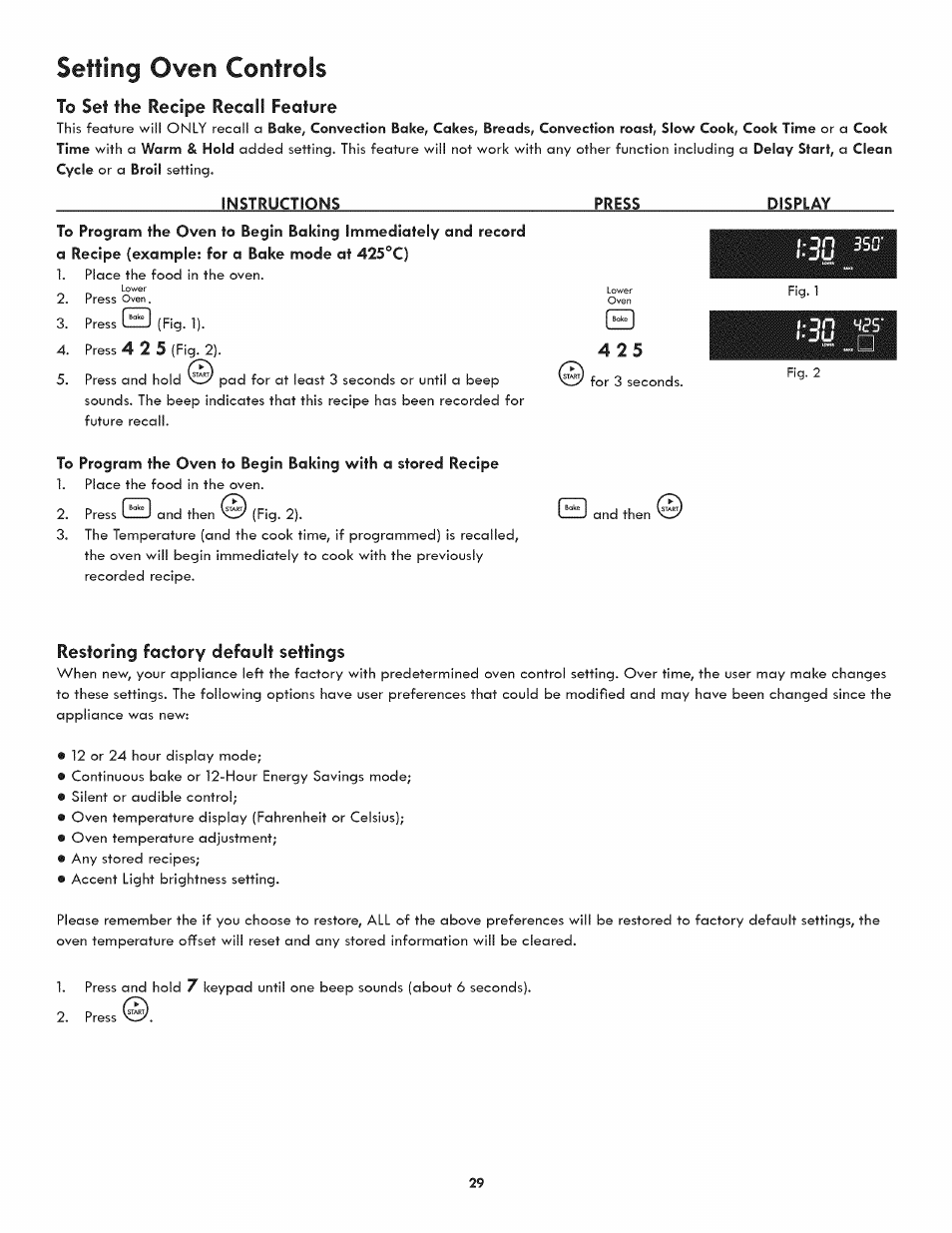 To set the recipe recall feature, Instructions, Press | Display, Restoring factory default settings, Setting oven controls, S4 25 | Kenmore 790.7890 User Manual | Page 29 / 40