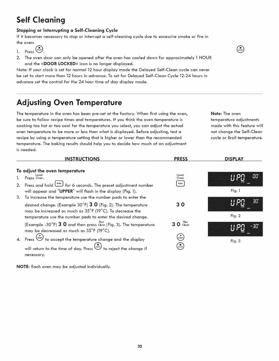 Stopping or interrupting a self-cleaning cycle, Adjusting oven temperature, Instructions | Press, Display, To adjust the oven temperature, 11 on u ru, Adjusting the oven temperature, Seif cleaning, S3 0 | Kenmore 790.7890 User Manual | Page 32 / 40