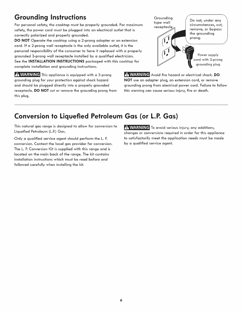 Conversion to liquefied petroleum, Gas (or l.p.), Grounding instructions | Kenmore 790.7890 User Manual | Page 6 / 40