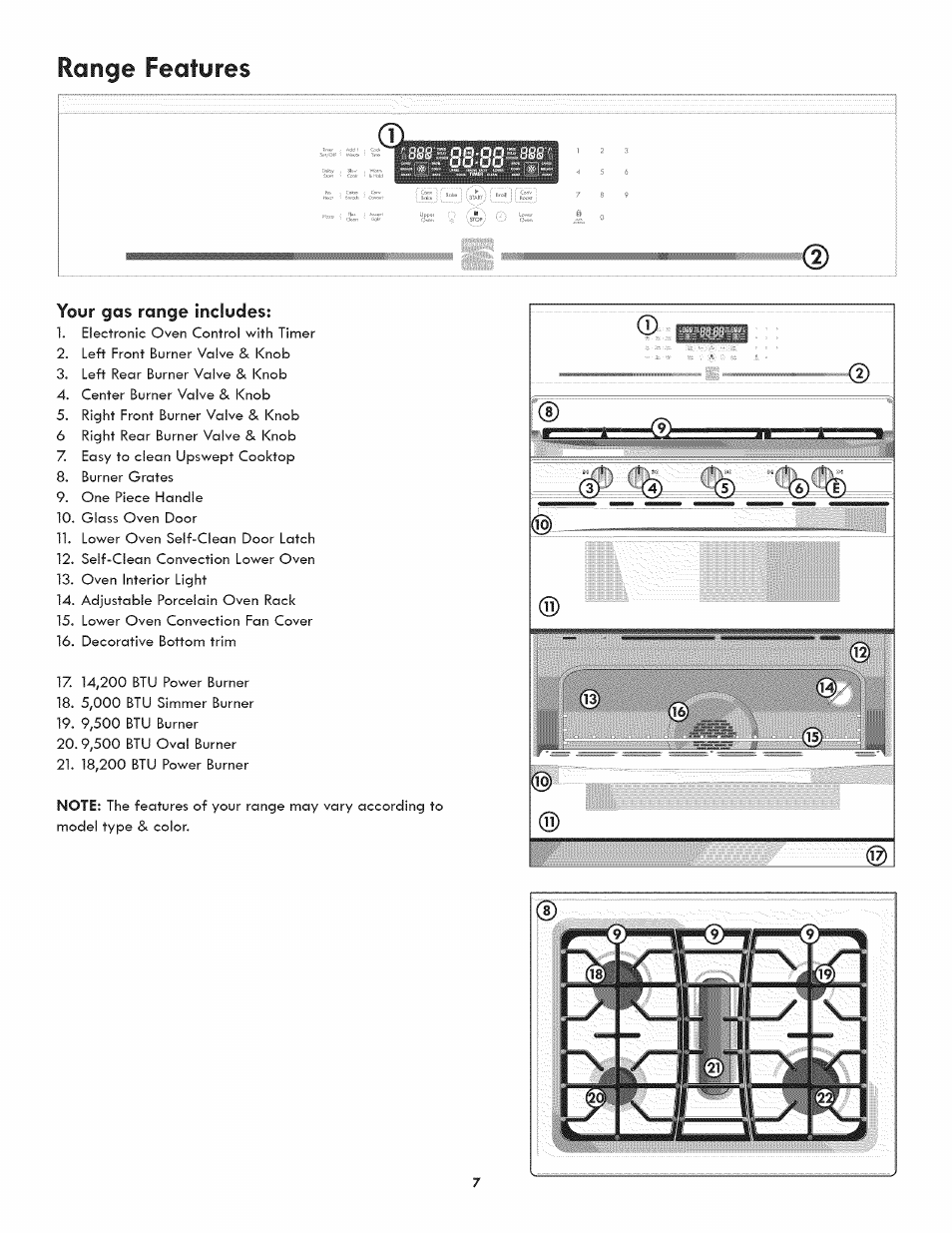 Your gas range includes, Range features | Kenmore 790.7890 User Manual | Page 7 / 40