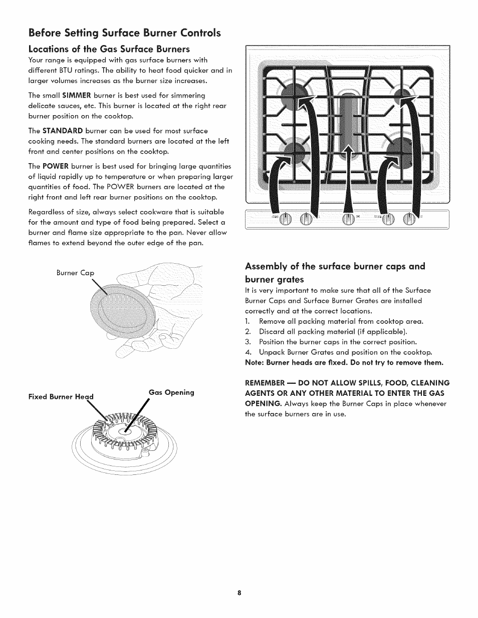 Locations of the gas surface burners, Before setting surface burner controls | Kenmore 790.7890 User Manual | Page 8 / 40