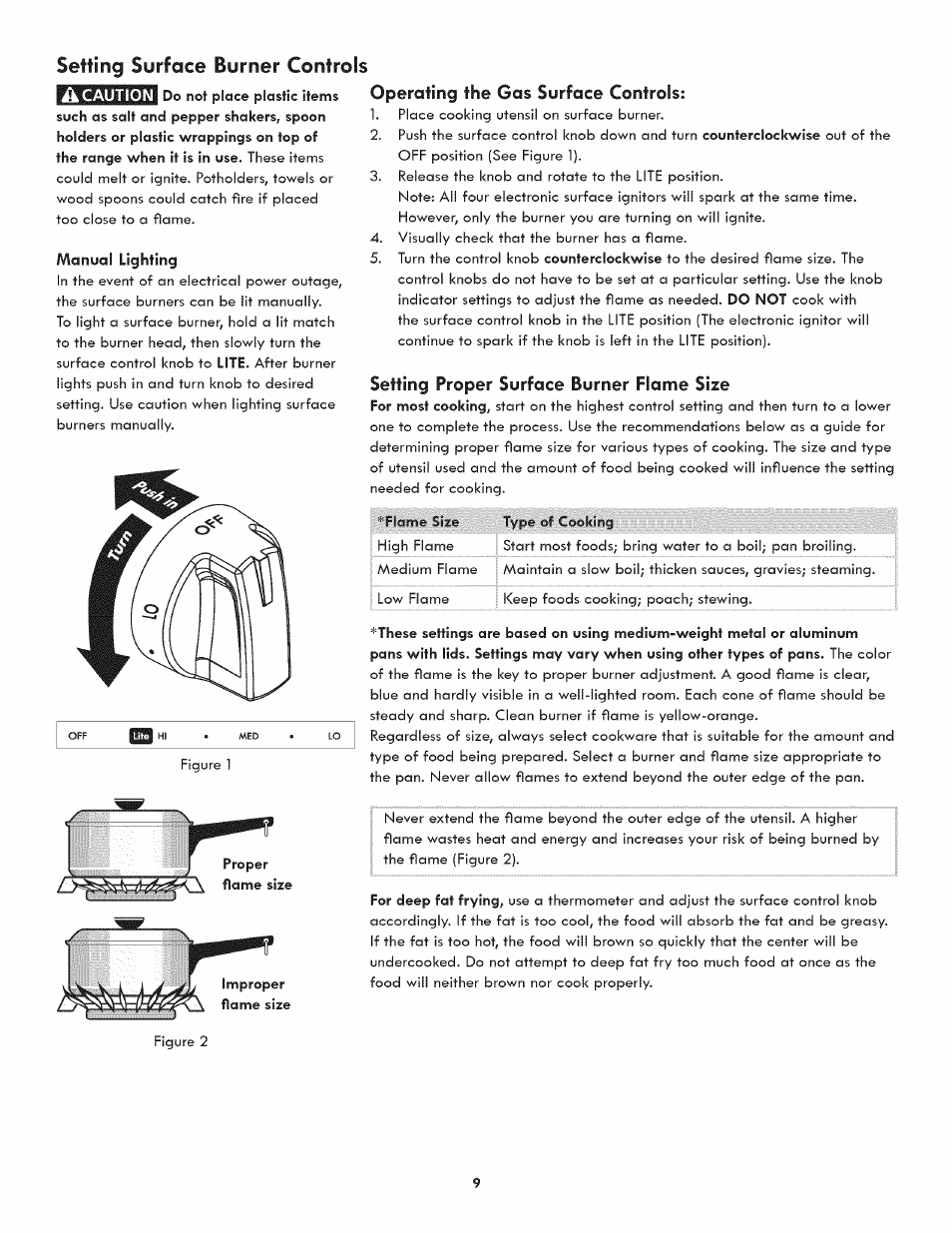 A caution, Manual lighting, Operating the gas surface controls | Setting proper surface burner flame size, Setting surface burner controls | Kenmore 790.7890 User Manual | Page 9 / 40