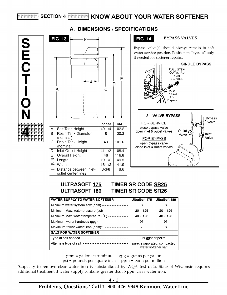 Fig. 13, A. dimensions / specifications, Fig. 14 | 3 - valve bypass, Timer sr code sr25 timer sr code sr26, Sc t, Know about your water softener | Kenmore ULTRASOFT 175  625.388170 User Manual | Page 18 / 32