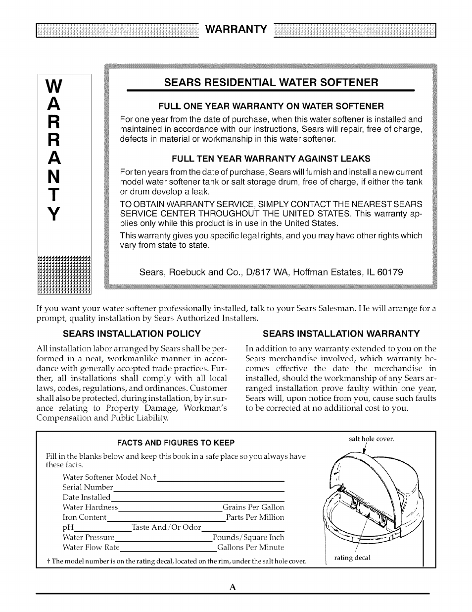 Sears residential water softener, Full one year warranty on water softener, Full ten year warranty against leaks | Sears installation policy, Sears installation warranty, Facts and figures to keep | Kenmore ULTRASOFT 175  625.388170 User Manual | Page 2 / 32