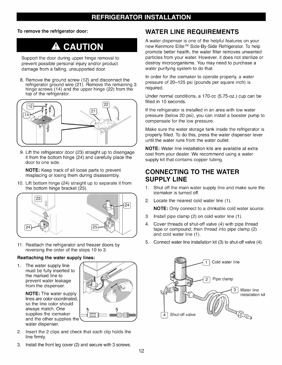 To remove the refrigerator door, A caution, Water line requirements | Connecting to the water supply line, Caution, Refrigerator installation | Kenmore 41003 User Manual | Page 12 / 50