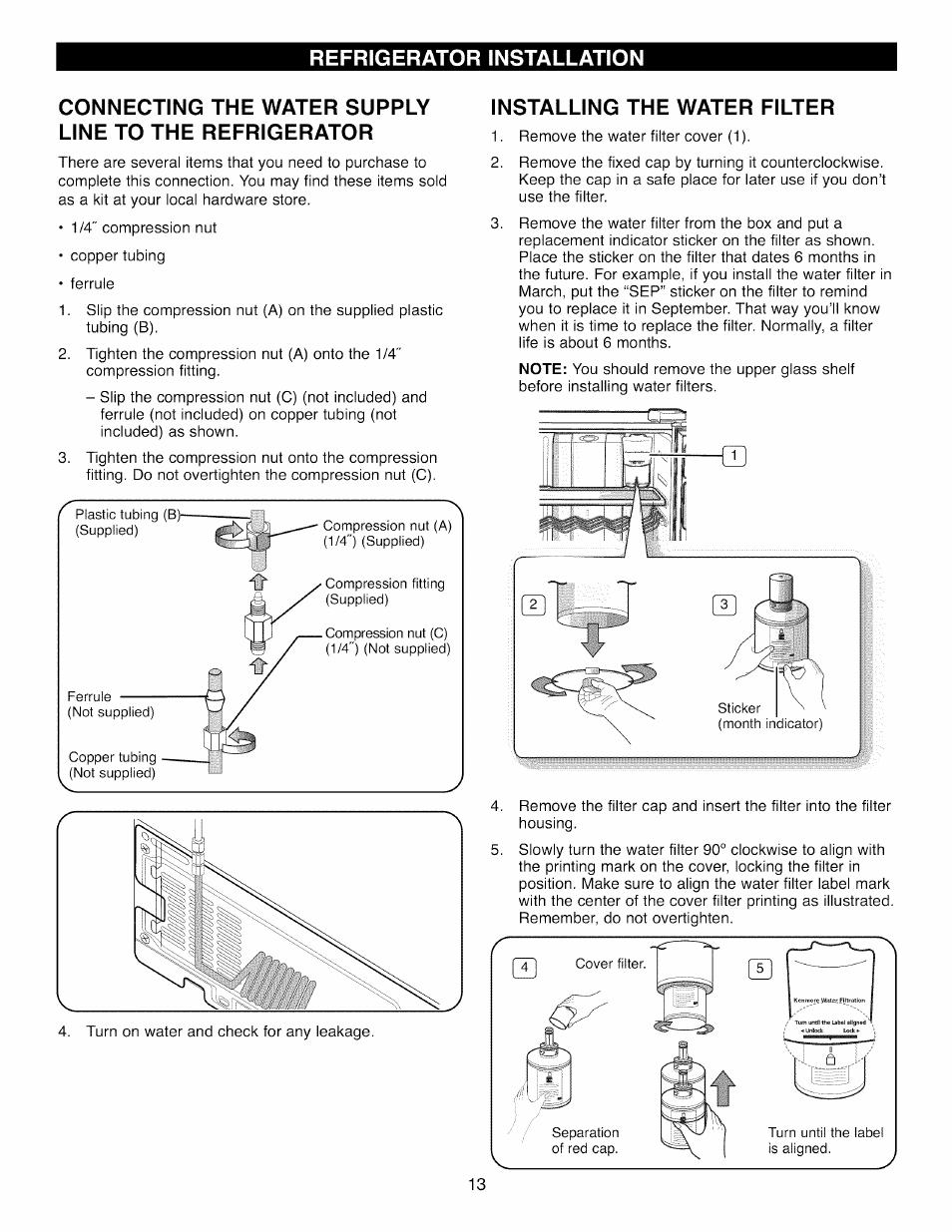 Installing the water filter, Refrigerator installation | Kenmore 41003 User Manual | Page 13 / 50