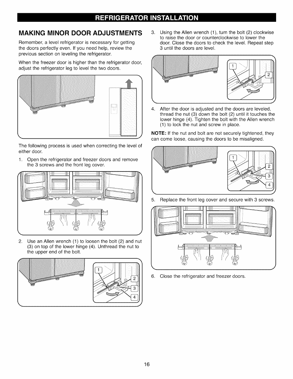 Making minor door adjustments | Kenmore 41003 User Manual | Page 16 / 50