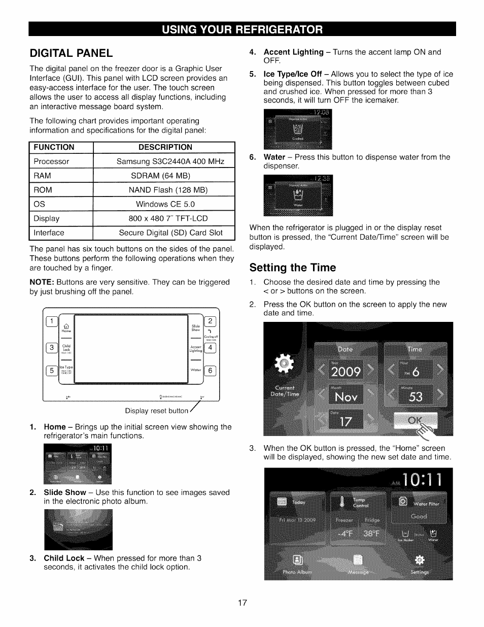 Digital panel, Setting the time, Using your refrigerator | Kenmore 41003 User Manual | Page 17 / 50