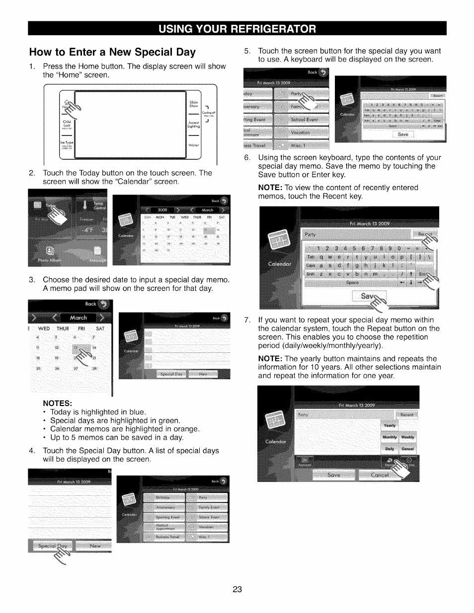 How to enter a new special day, Notes, Using your refrigerator | Kenmore 41003 User Manual | Page 23 / 50